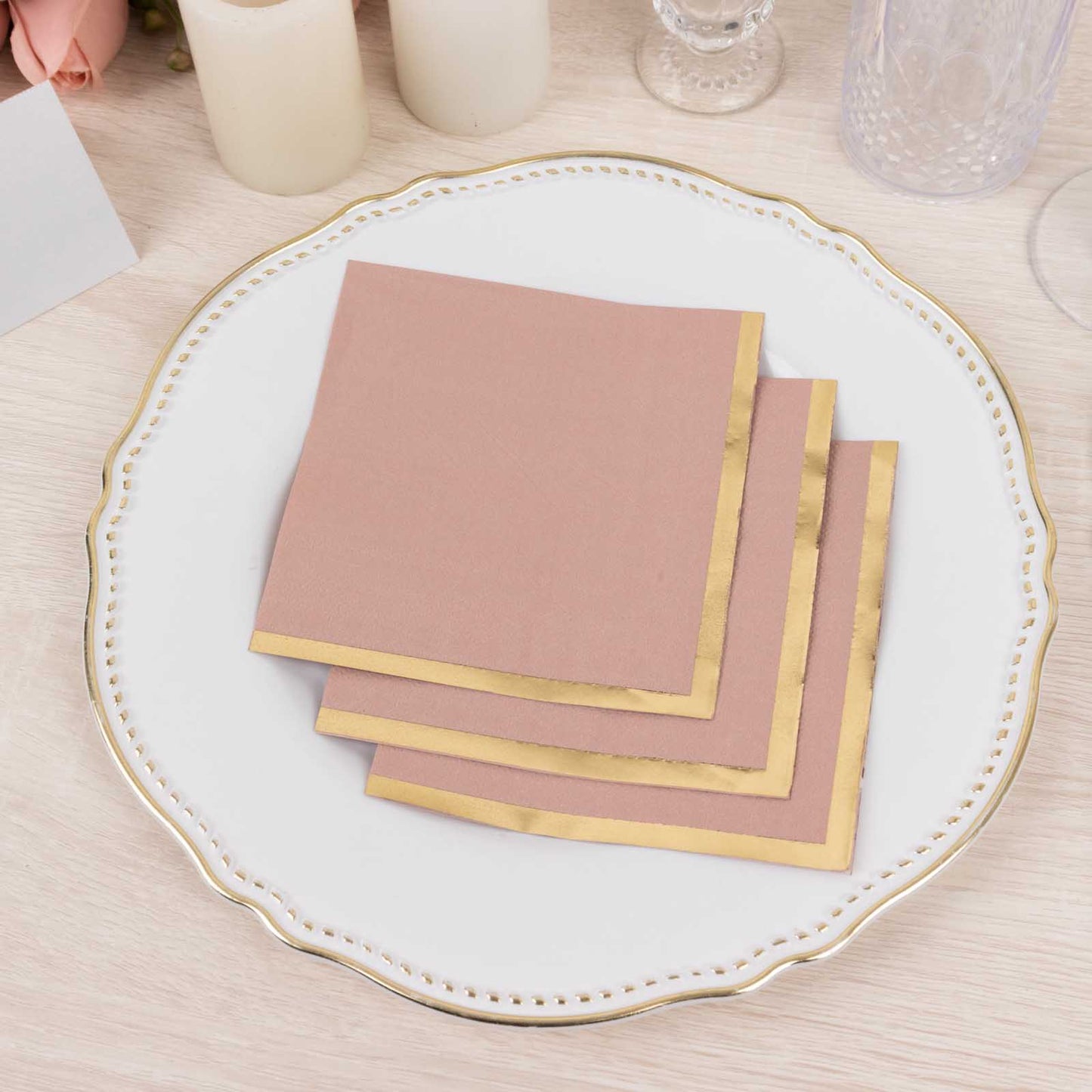 50 Pack Dusty Rose Disposable Cocktail Napkins with Gold Foil Edge, Soft 2 Ply Paper Beverage Napkins - 5"x5"