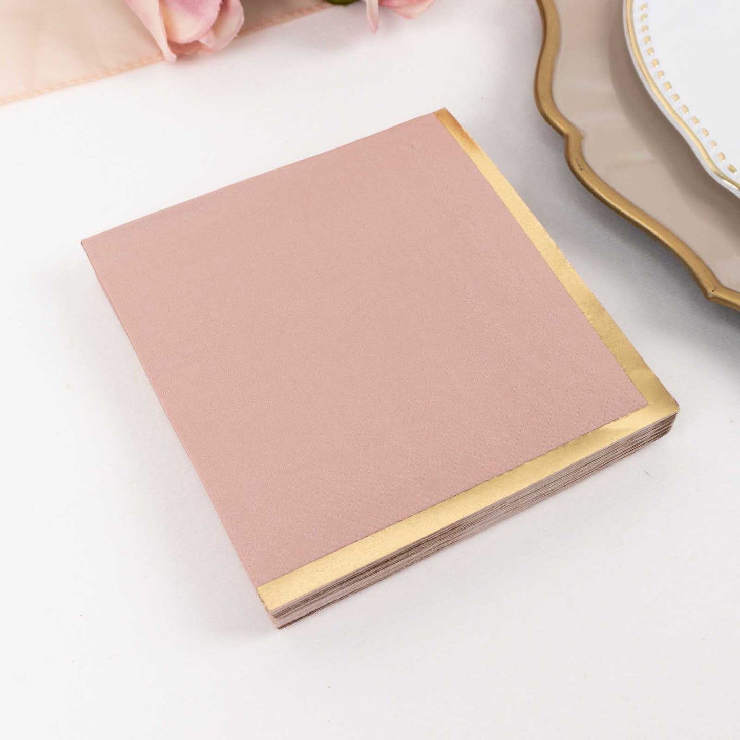 50 Pack Dusty Rose Disposable Cocktail Napkins with Gold Foil Edge, Soft 2 Ply Paper Beverage Napkins - 5"x5"