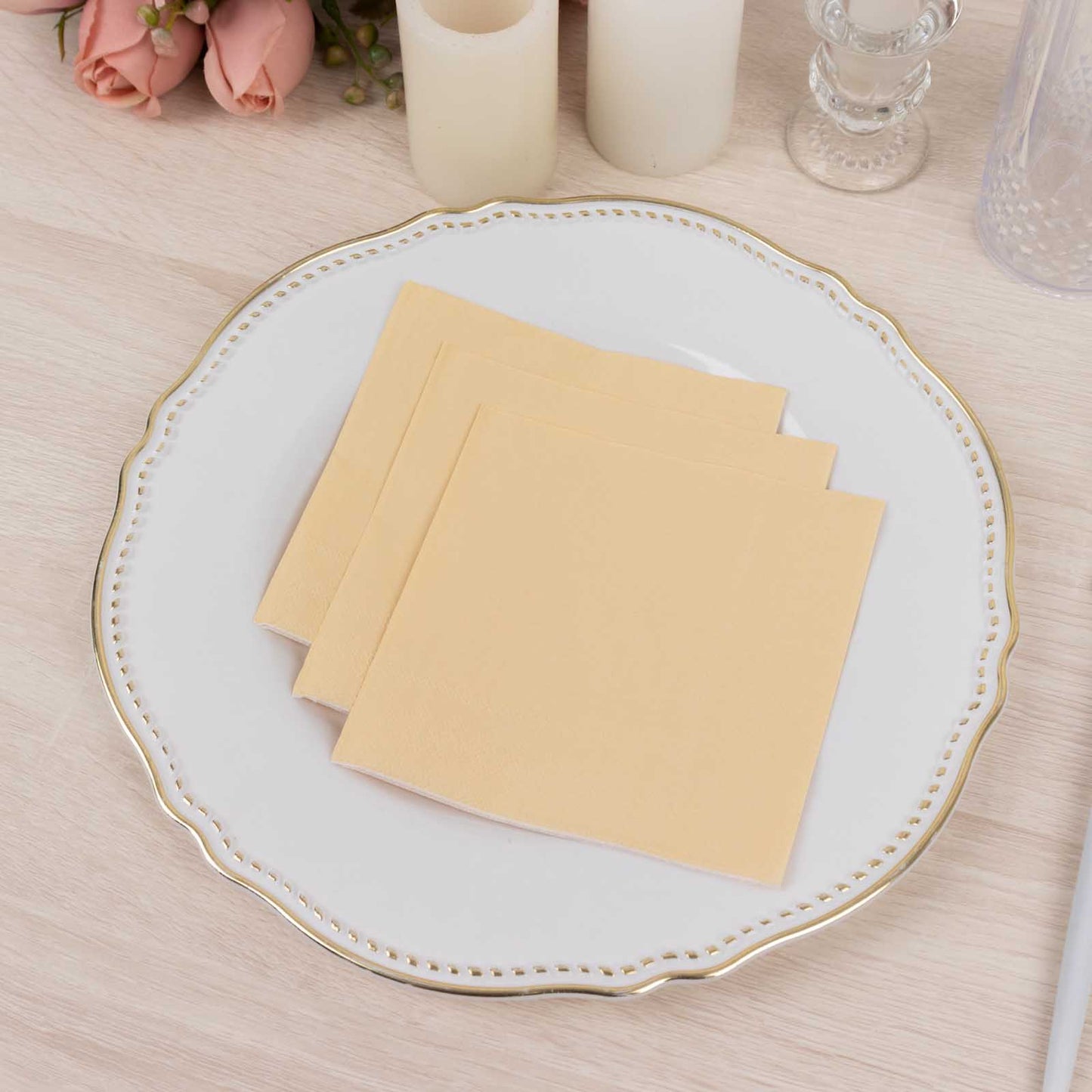 50 Pack Beige Soft 2-Ply Disposable Cocktail Napkins, Paper Beverage Napkins 18 GSM - 5"x5"