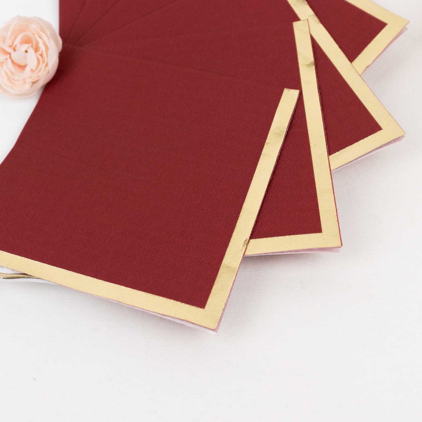 50 Pack Burgundy Disposable Cocktail Napkins with Gold Foil Edge, Soft 2 Ply Paper Beverage Napkins - 5"x5"