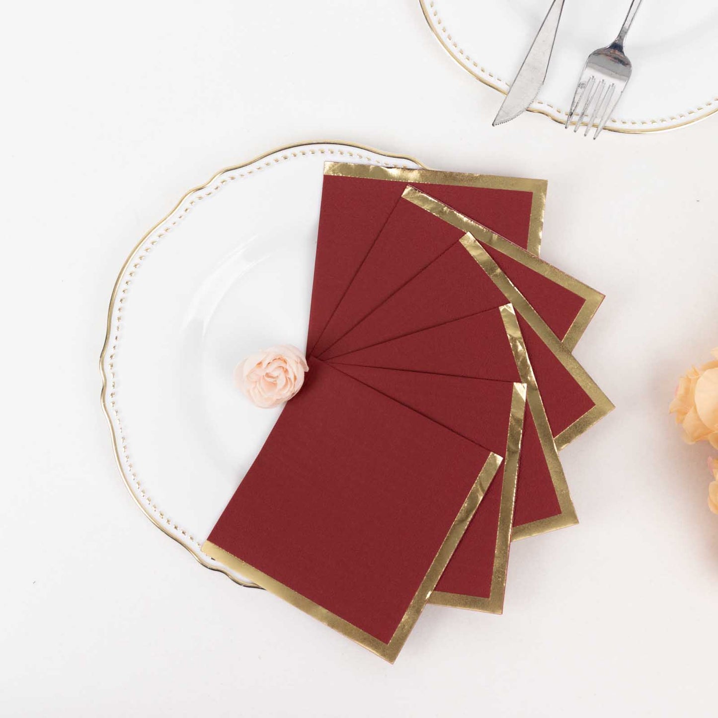 50 Pack Burgundy Disposable Cocktail Napkins with Gold Foil Edge, Soft 2 Ply Paper Beverage Napkins - 5"x5"