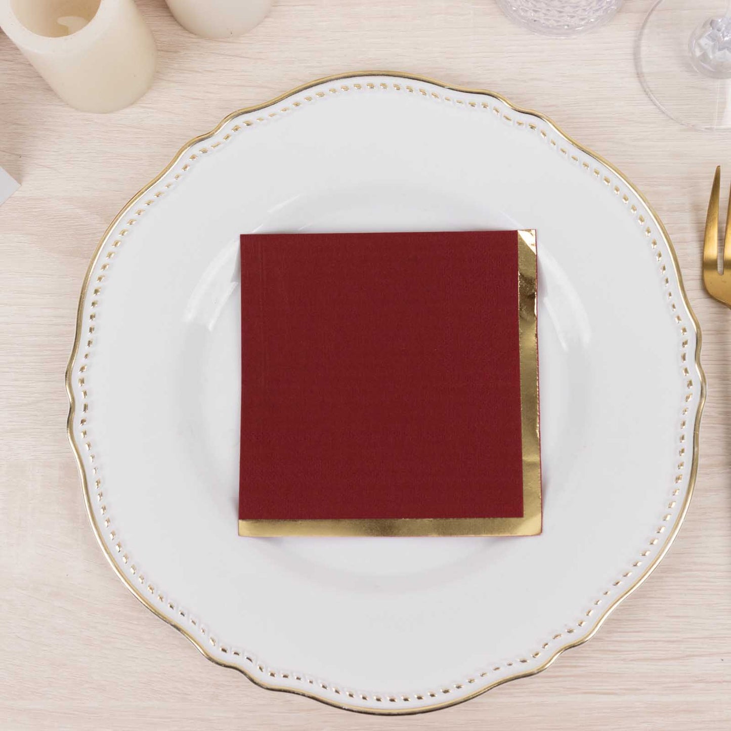 50 Pack Burgundy Disposable Cocktail Napkins with Gold Foil Edge, Soft 2 Ply Paper Beverage Napkins - 5"x5"