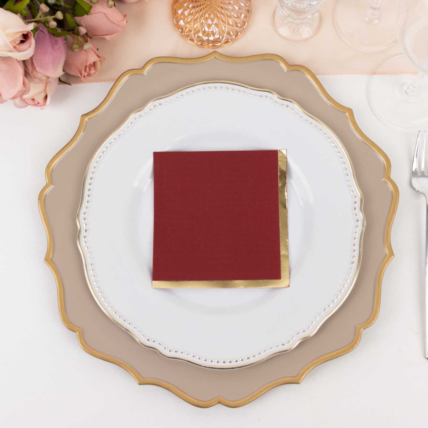 50 Pack Burgundy Disposable Cocktail Napkins with Gold Foil Edge, Soft 2 Ply Paper Beverage Napkins - 5"x5"