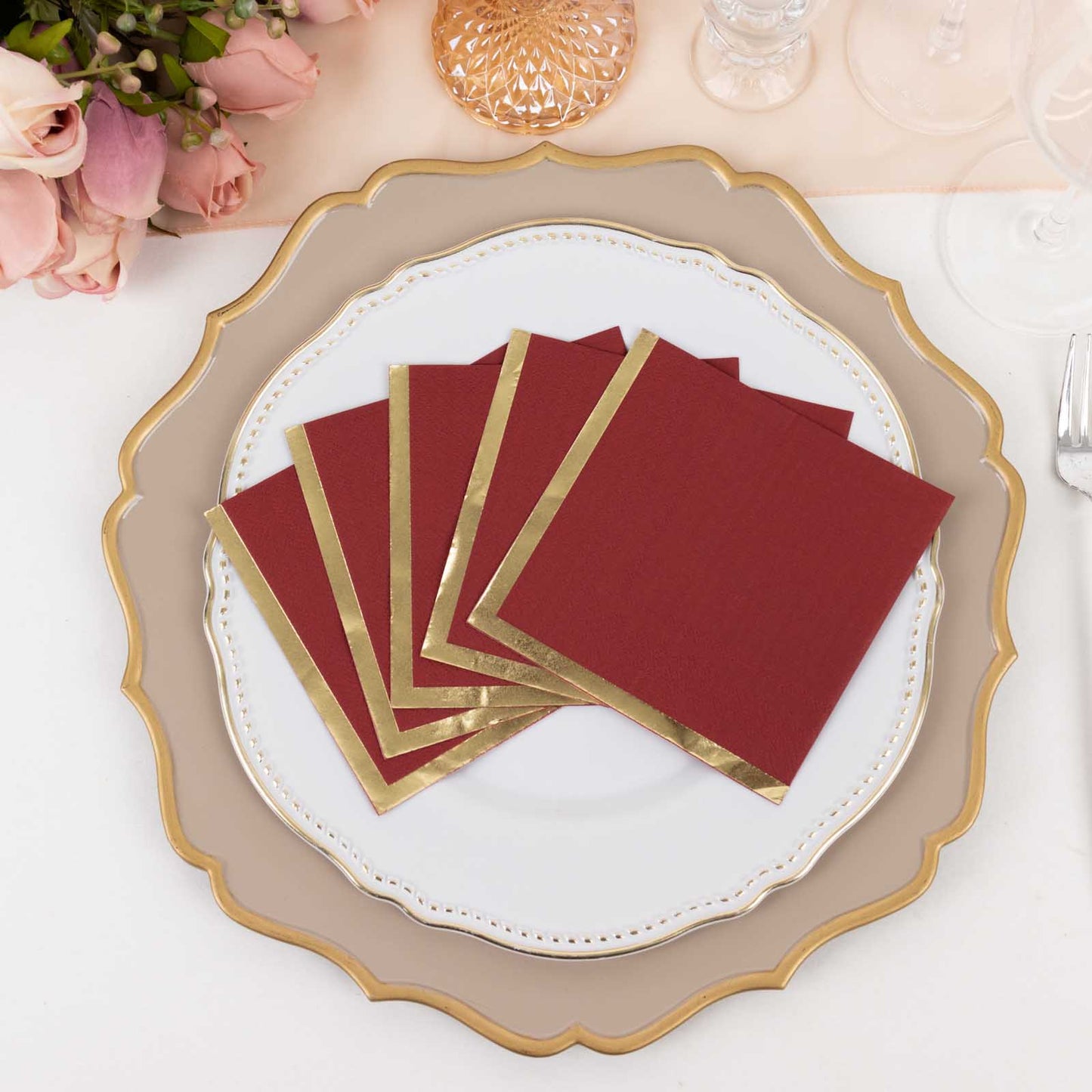 50 Pack Burgundy Disposable Cocktail Napkins with Gold Foil Edge, Soft 2 Ply Paper Beverage Napkins - 5"x5"