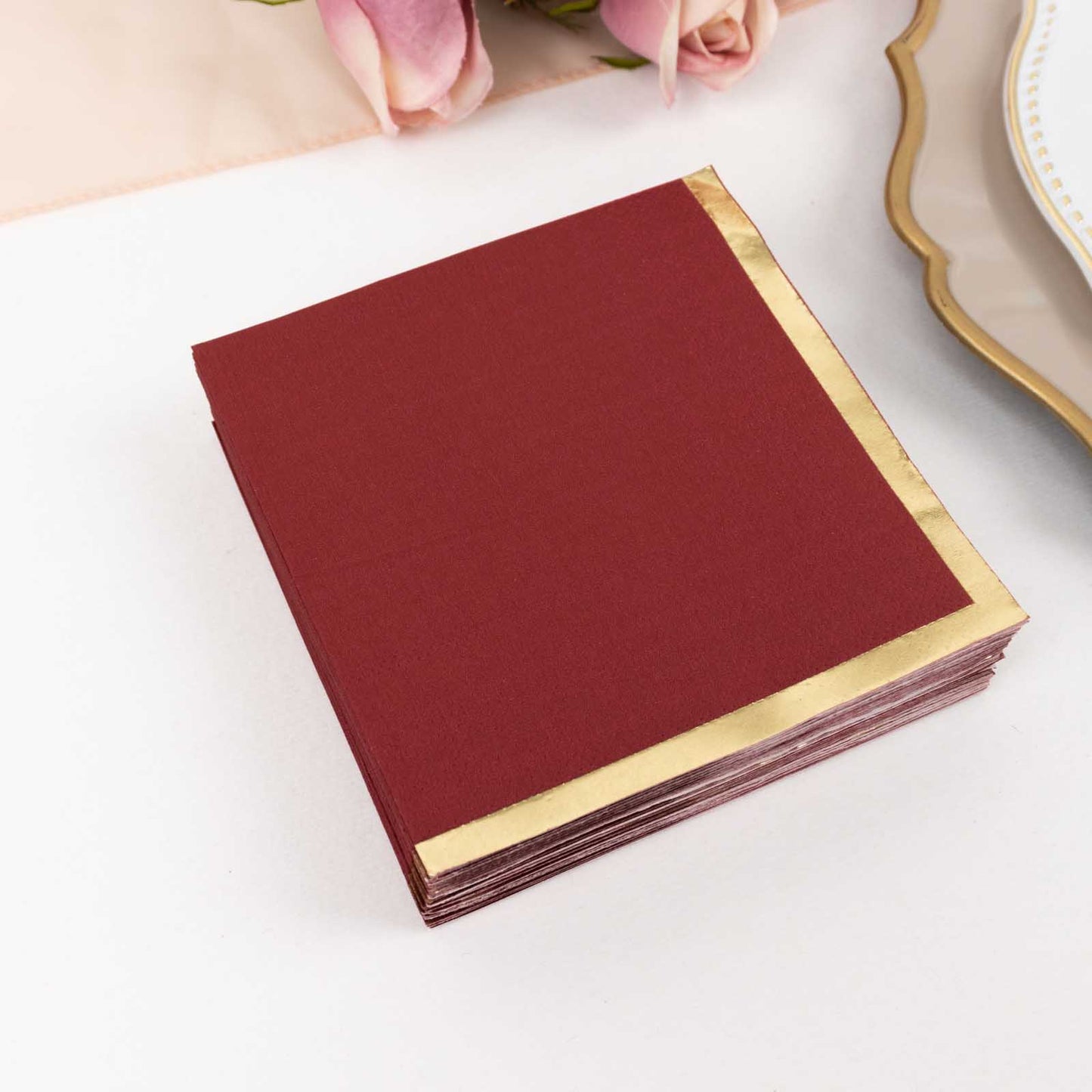 50 Pack Burgundy Disposable Cocktail Napkins with Gold Foil Edge, Soft 2 Ply Paper Beverage Napkins - 5"x5"