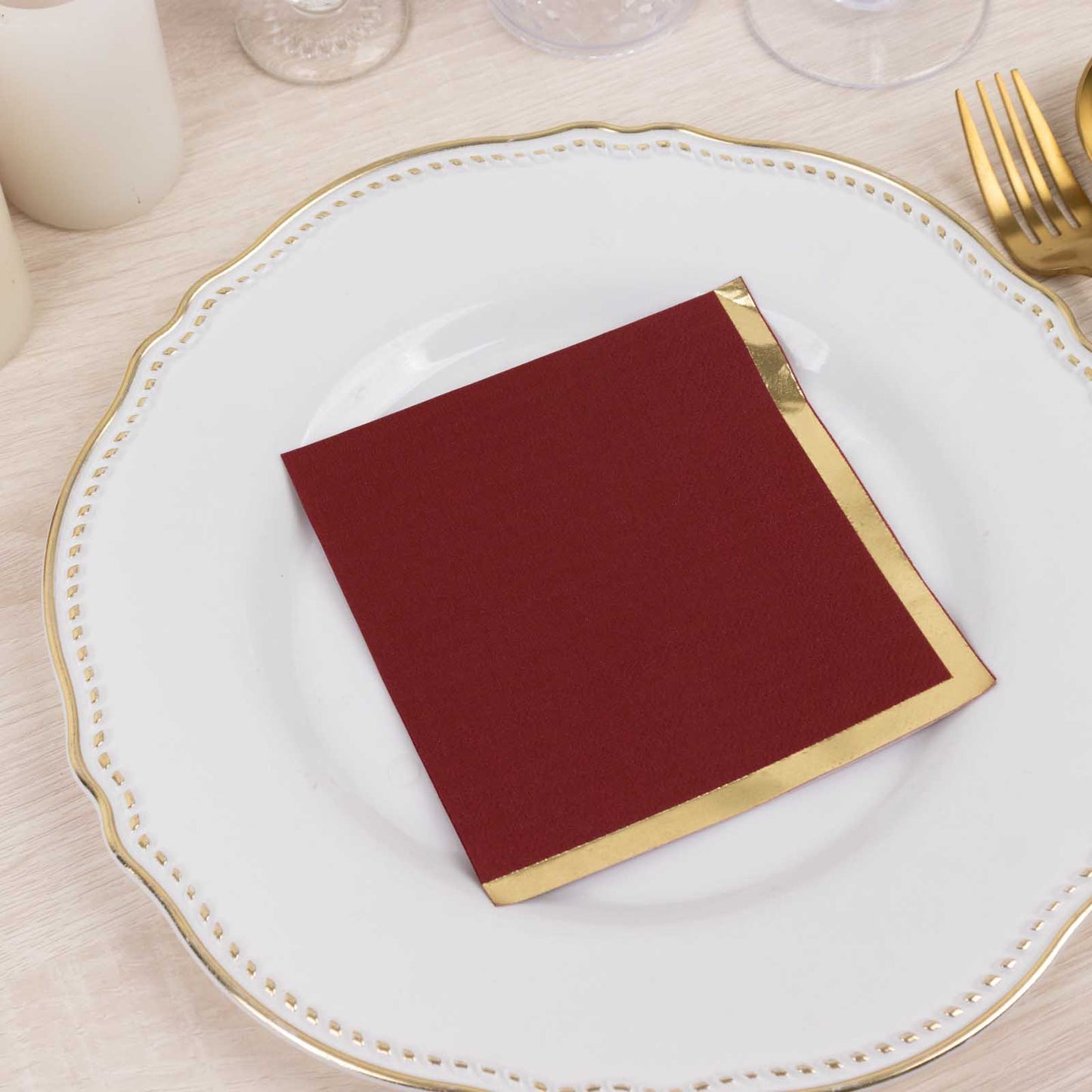 50 Pack Burgundy Disposable Cocktail Napkins with Gold Foil Edge, Soft 2 Ply Paper Beverage Napkins - 5"x5"