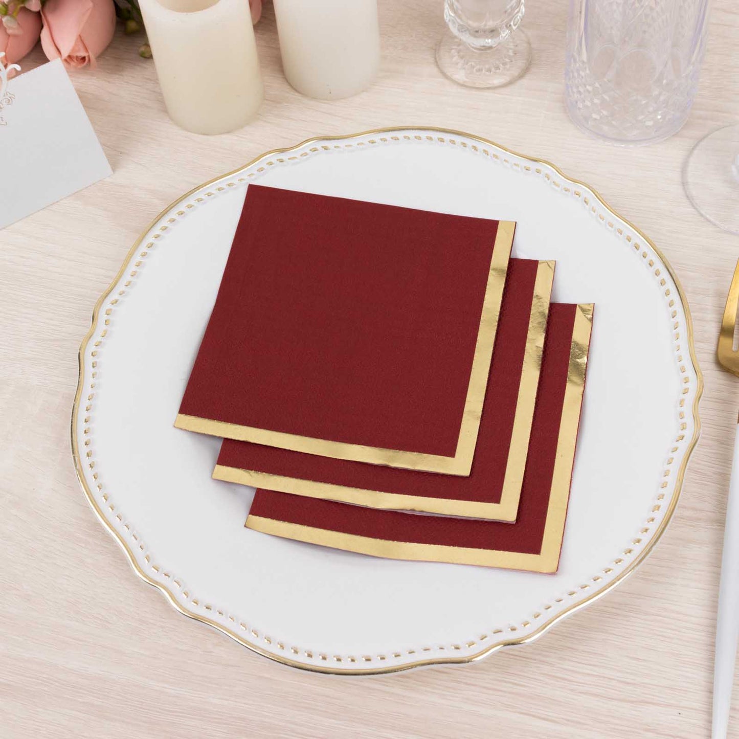 50 Pack Burgundy Disposable Cocktail Napkins with Gold Foil Edge, Soft 2 Ply Paper Beverage Napkins - 5"x5"