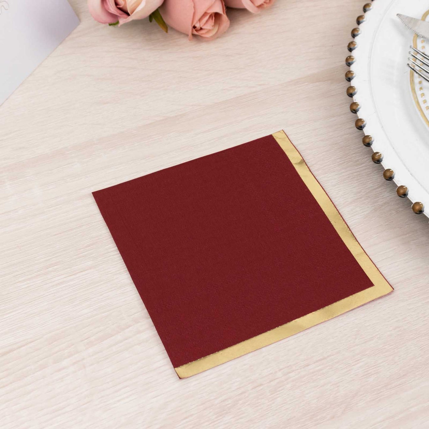 50 Pack Burgundy Disposable Cocktail Napkins with Gold Foil Edge, Soft 2 Ply Paper Beverage Napkins - 5"x5"