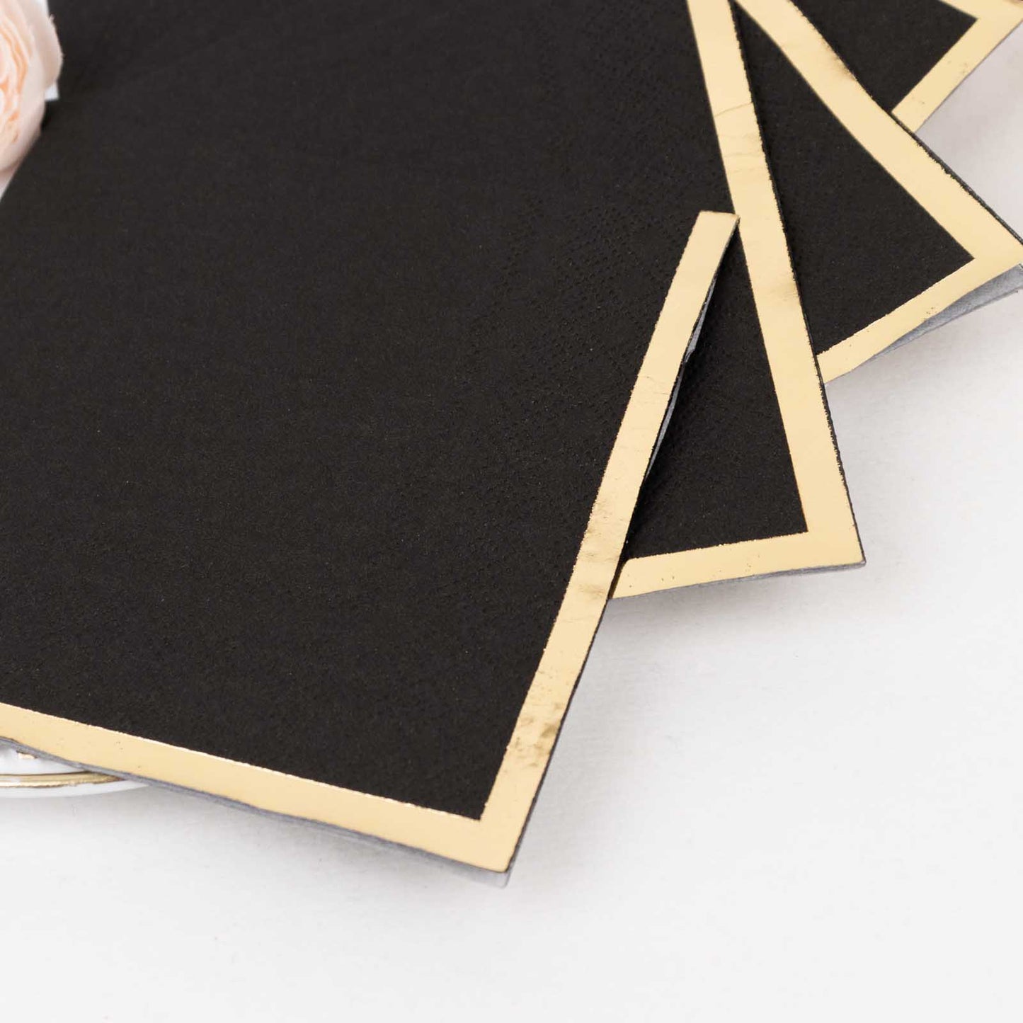 50 Pack Black Disposable Cocktail Napkins with Gold Foil Edge, Soft 2 Ply Paper Beverage Napkins - 5"x5"