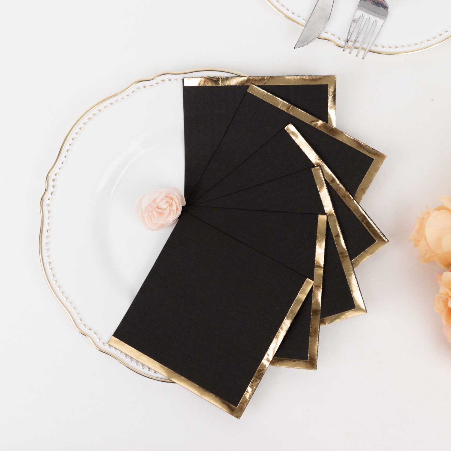 50 Pack Black Disposable Cocktail Napkins with Gold Foil Edge, Soft 2 Ply Paper Beverage Napkins - 5"x5"