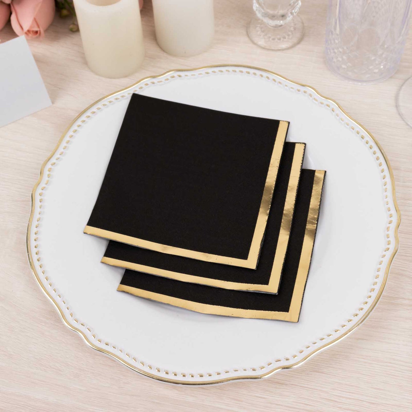 50 Pack Black Disposable Cocktail Napkins with Gold Foil Edge, Soft 2 Ply Paper Beverage Napkins - 5"x5"