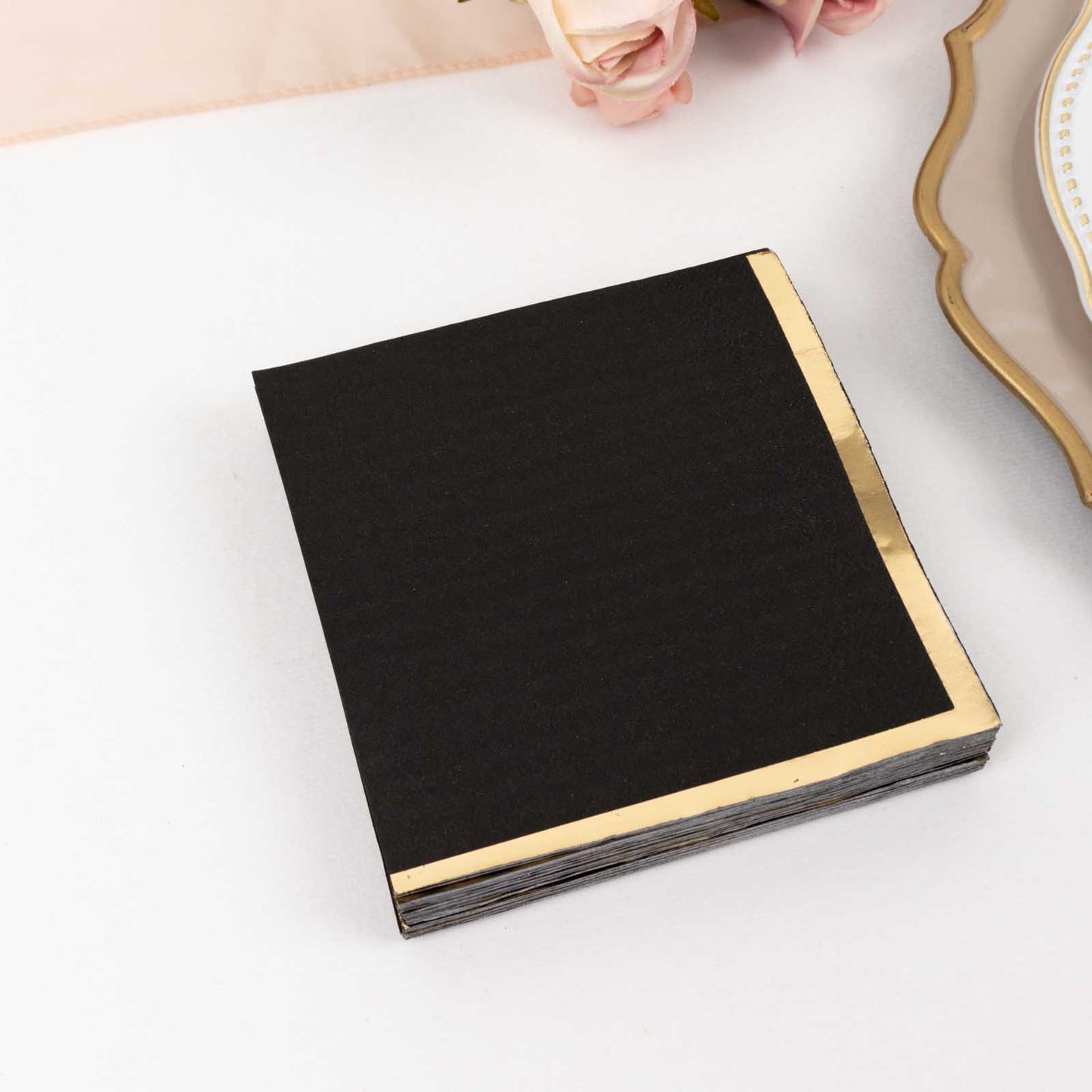 50 Pack Black Disposable Cocktail Napkins with Gold Foil Edge, Soft 2 Ply Paper Beverage Napkins - 5"x5"