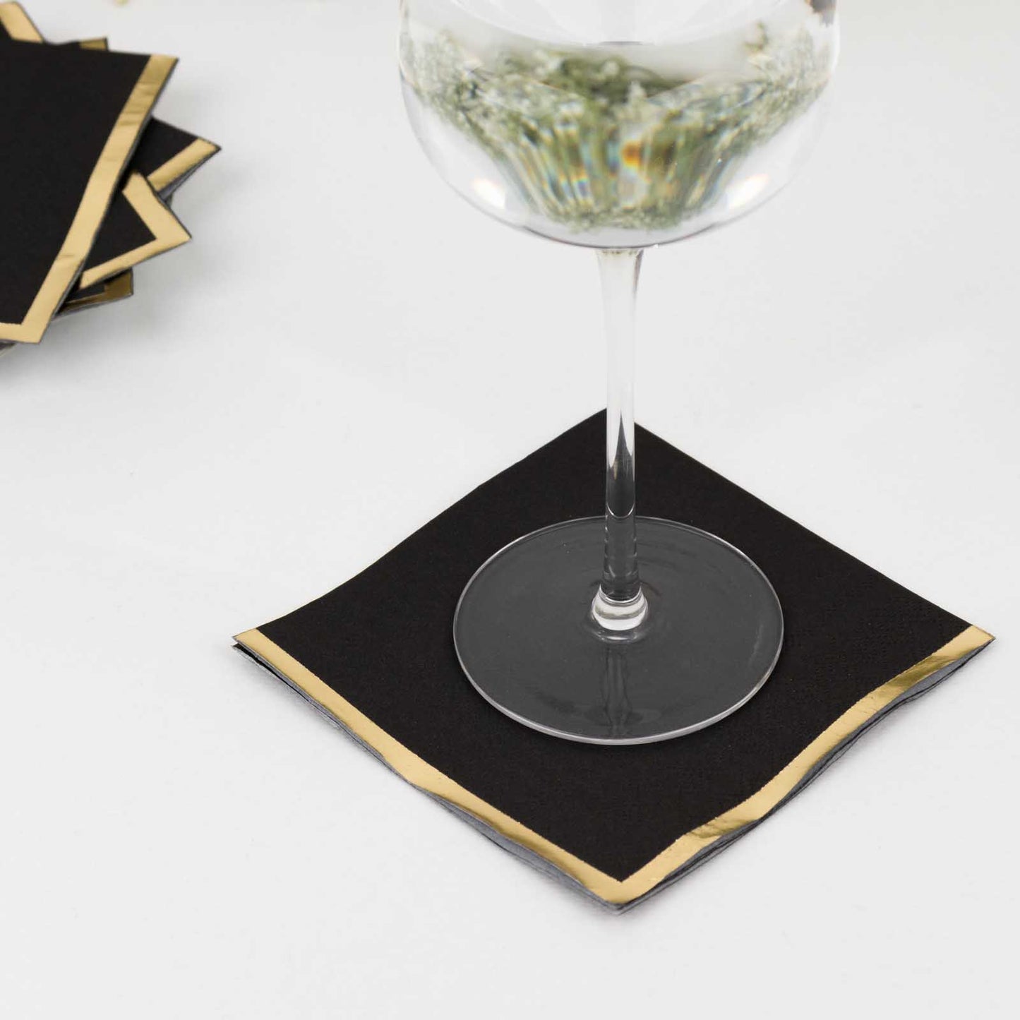 50 Pack Black Disposable Cocktail Napkins with Gold Foil Edge, Soft 2 Ply Paper Beverage Napkins - 5"x5"