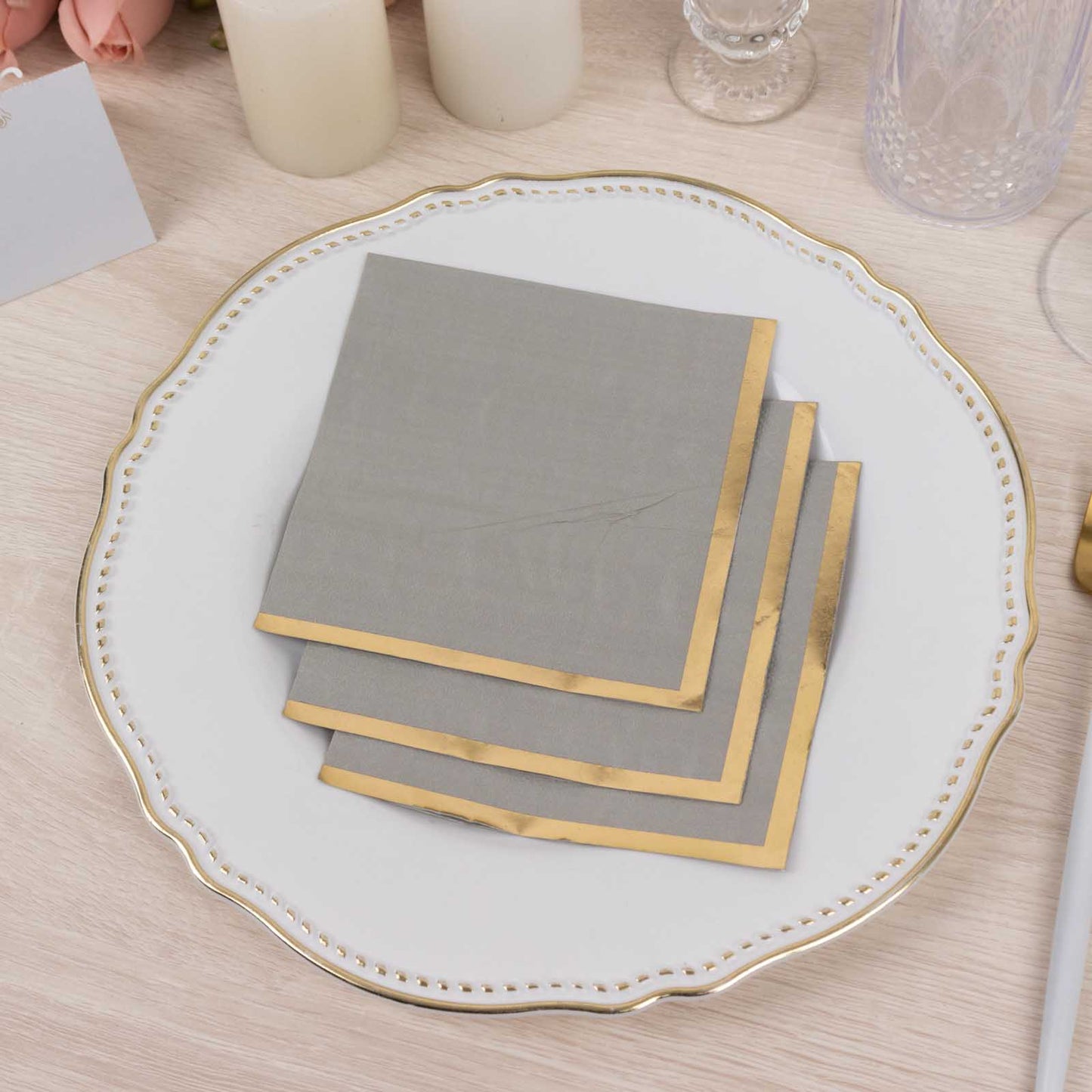 50 Pack Gray Disposable Cocktail Napkins with Gold Foil Edge, Soft 2 Ply Paper Beverage Napkins - 5"x5"