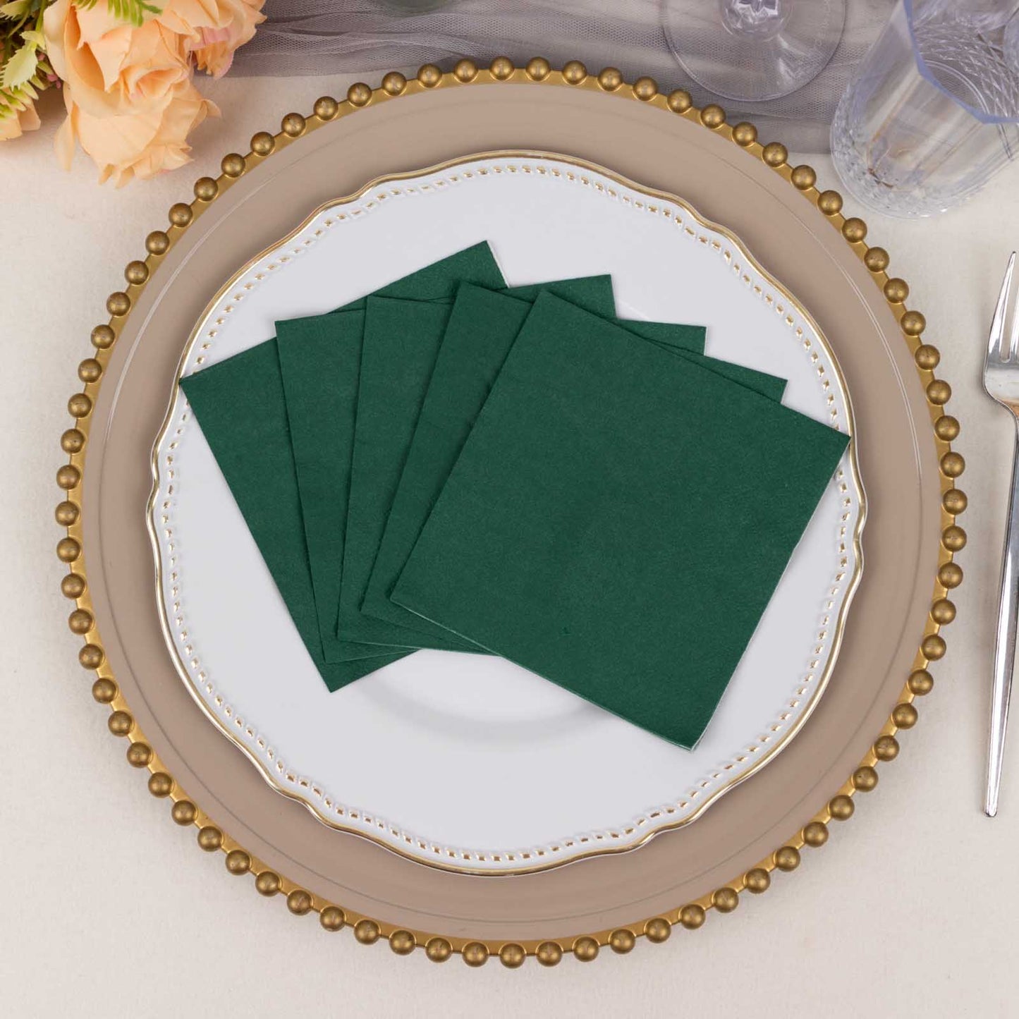 50 Pack Hunter Emerald Green Soft 2-Ply Disposable Cocktail Napkins, Paper Beverage Napkins 18 GSM - 5"x5"