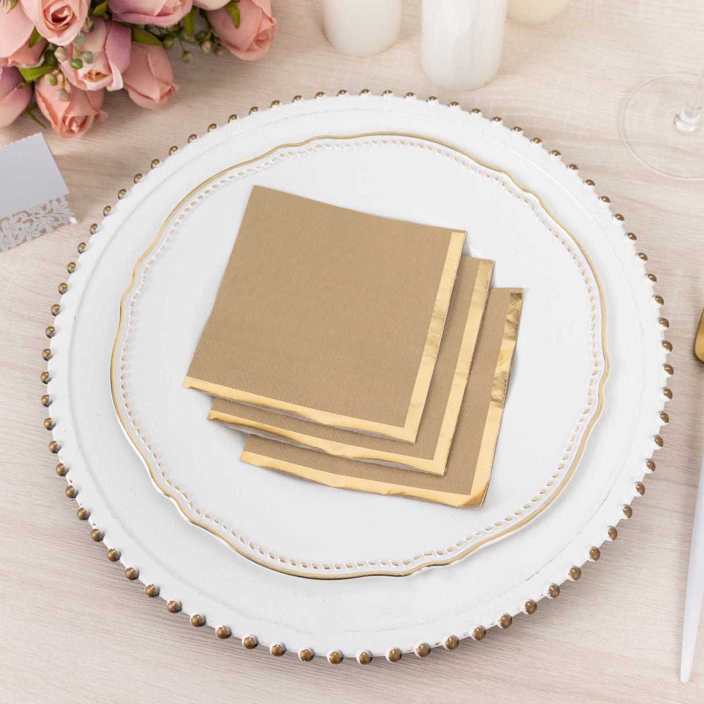 50 Pack Natural Disposable Cocktail Napkins with Gold Foil Edge, Soft 2 Ply Paper Beverage Napkins - 5"x5"