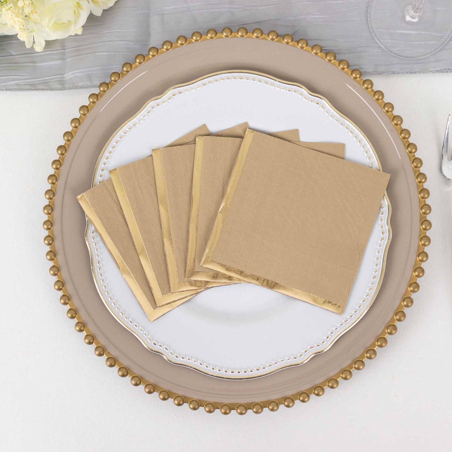 50 Pack Natural Disposable Cocktail Napkins with Gold Foil Edge, Soft 2 Ply Paper Beverage Napkins - 5"x5"