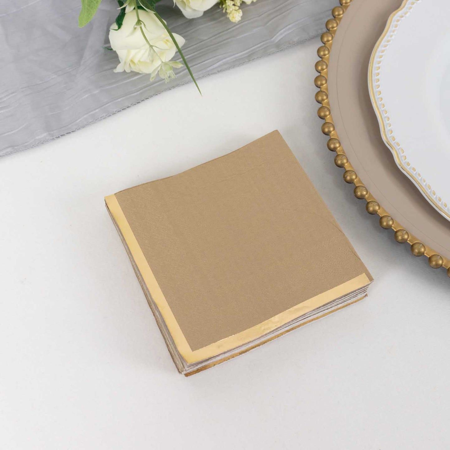 50 Pack Natural Disposable Cocktail Napkins with Gold Foil Edge, Soft 2 Ply Paper Beverage Napkins - 5"x5"