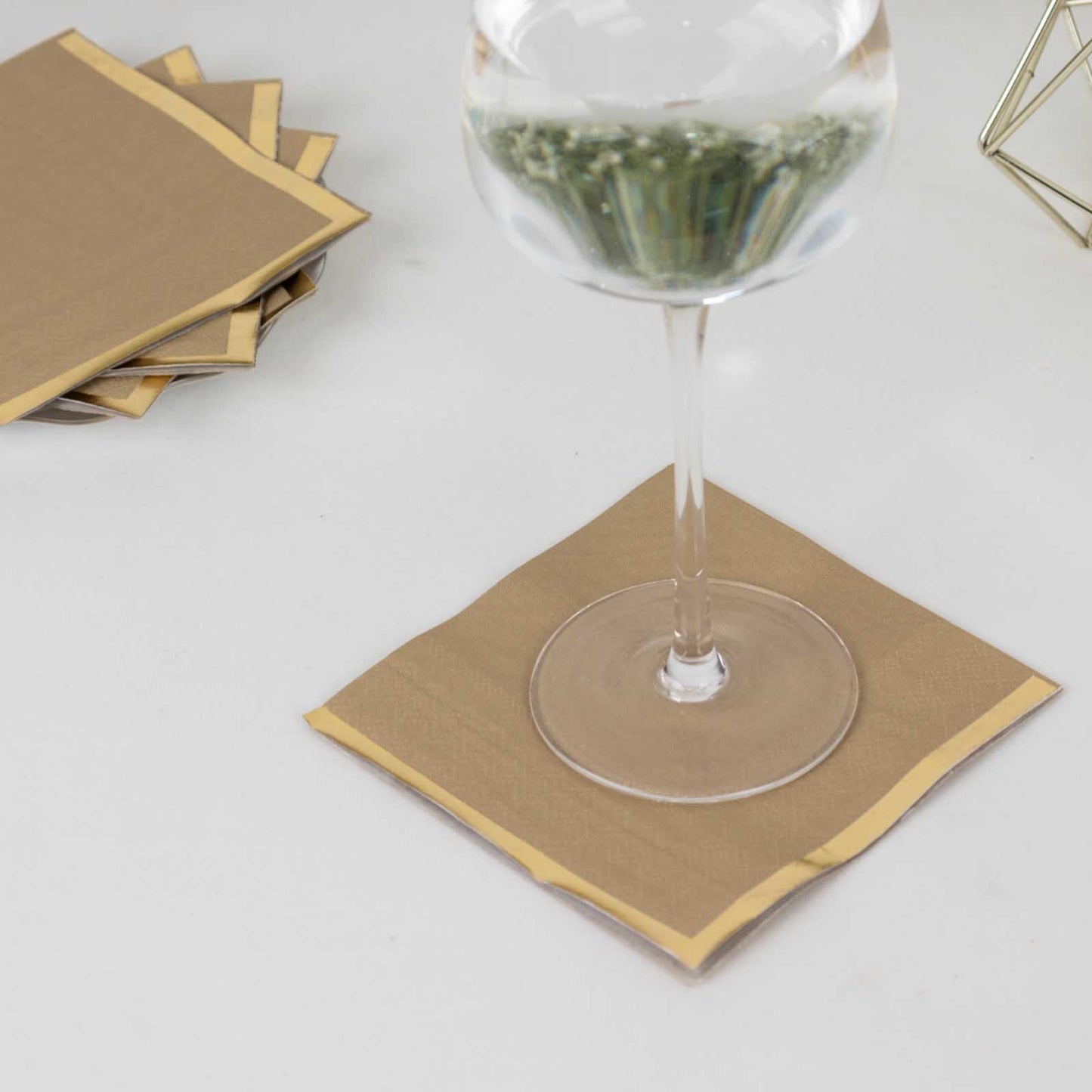 50 Pack Natural Disposable Cocktail Napkins with Gold Foil Edge, Soft 2 Ply Paper Beverage Napkins - 5"x5"