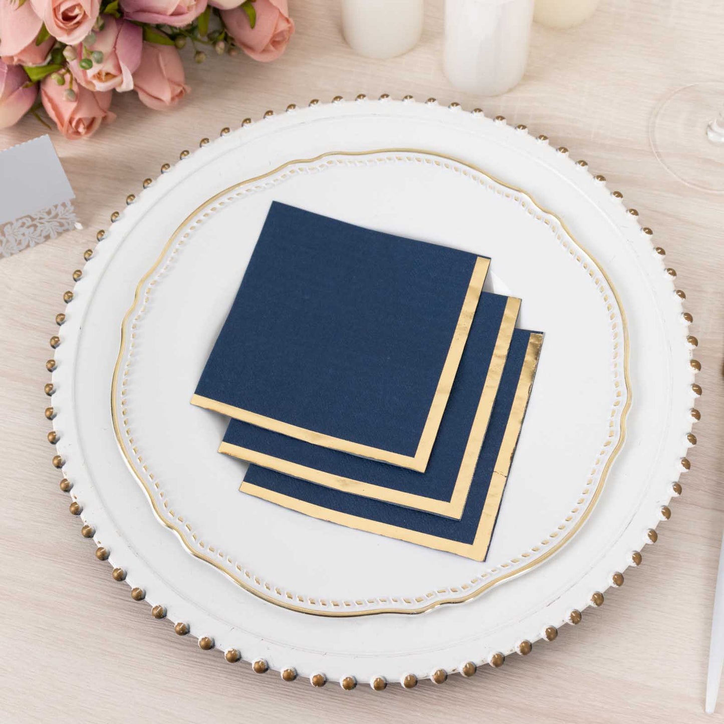 50 Pack Navy Blue Disposable Cocktail Napkins with Gold Foil Edge, Soft 2 Ply Paper Beverage Napkins - 5"x5"