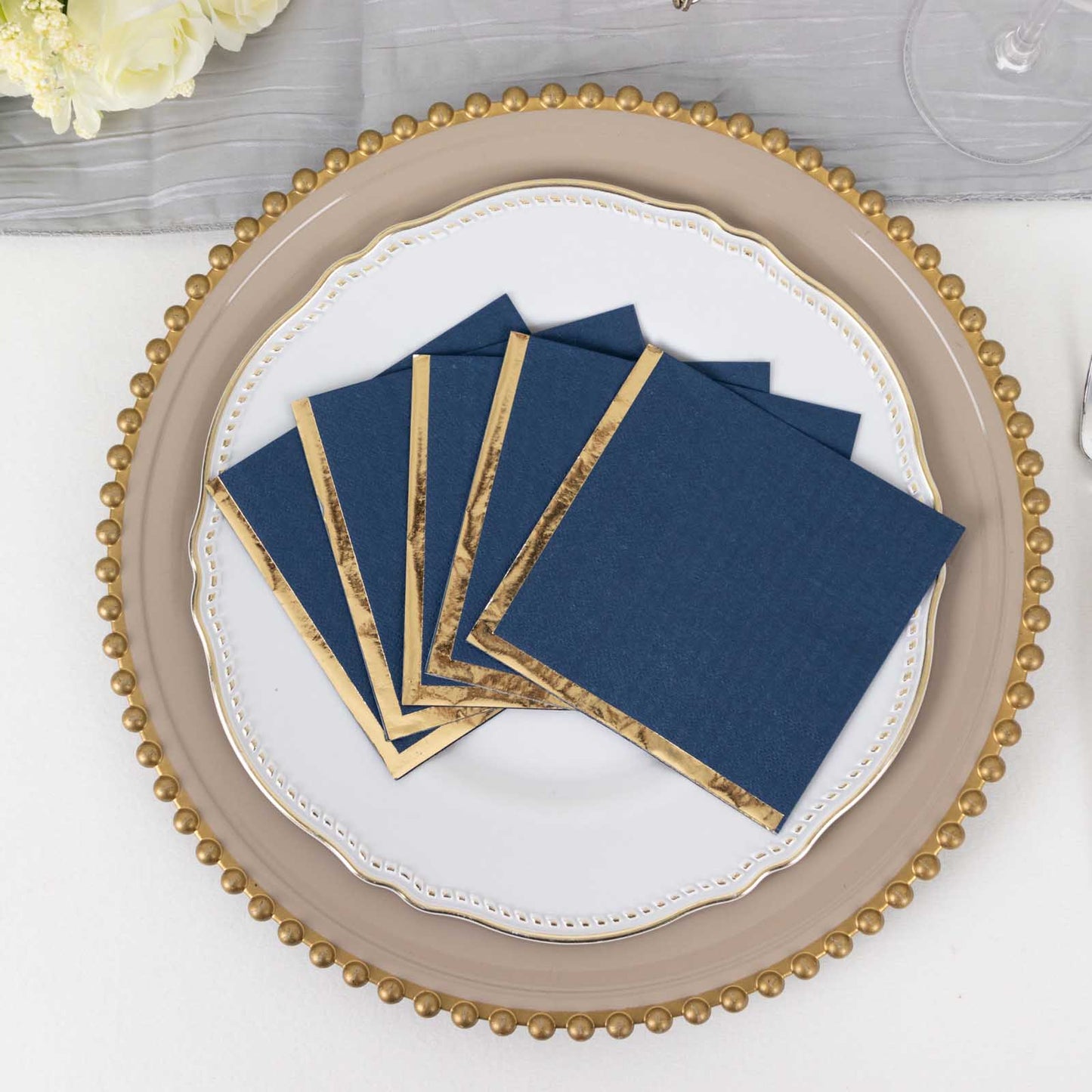 50 Pack Navy Blue Disposable Cocktail Napkins with Gold Foil Edge, Soft 2 Ply Paper Beverage Napkins - 5"x5"