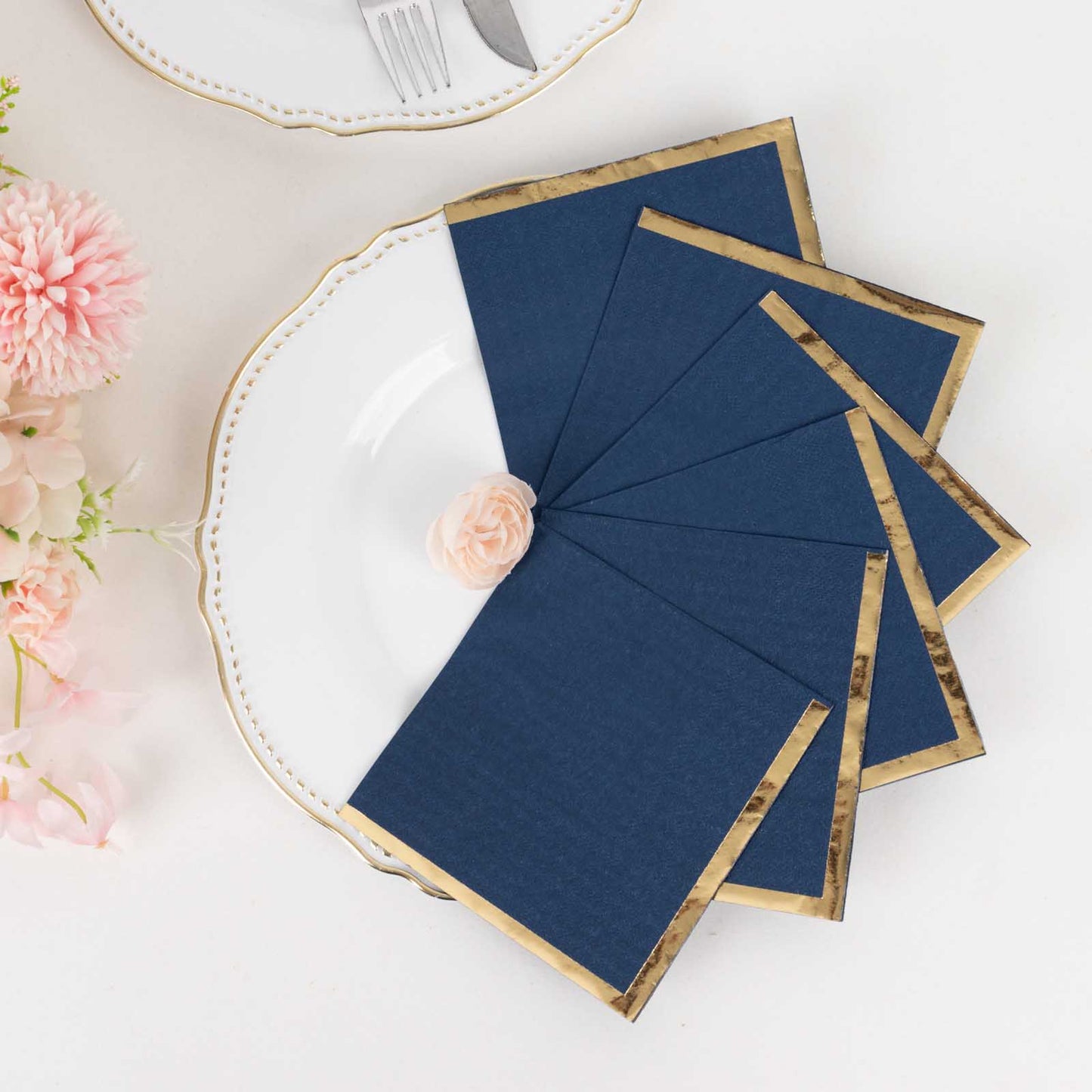 50 Pack Navy Blue Disposable Cocktail Napkins with Gold Foil Edge, Soft 2 Ply Paper Beverage Napkins - 5"x5"