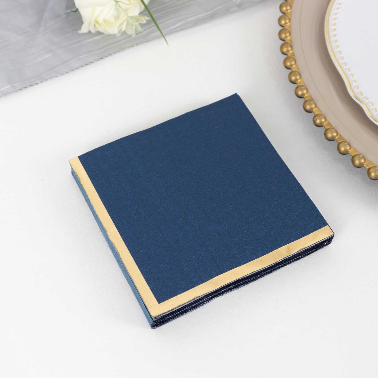 50 Pack Navy Blue Disposable Cocktail Napkins with Gold Foil Edge, Soft 2 Ply Paper Beverage Napkins - 5"x5"