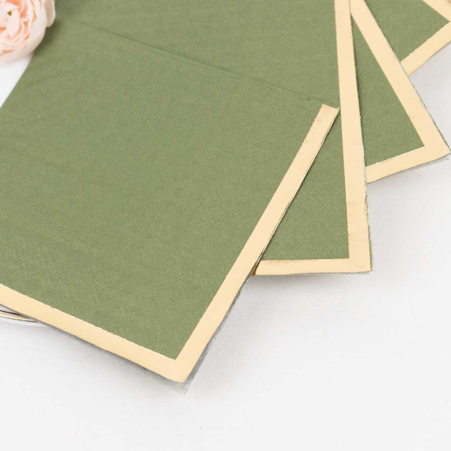 50 Pack Olive Green Disposable Cocktail Napkins with Gold Foil Edge, Soft 2 Ply Paper Beverage Napkins - 5"x5"