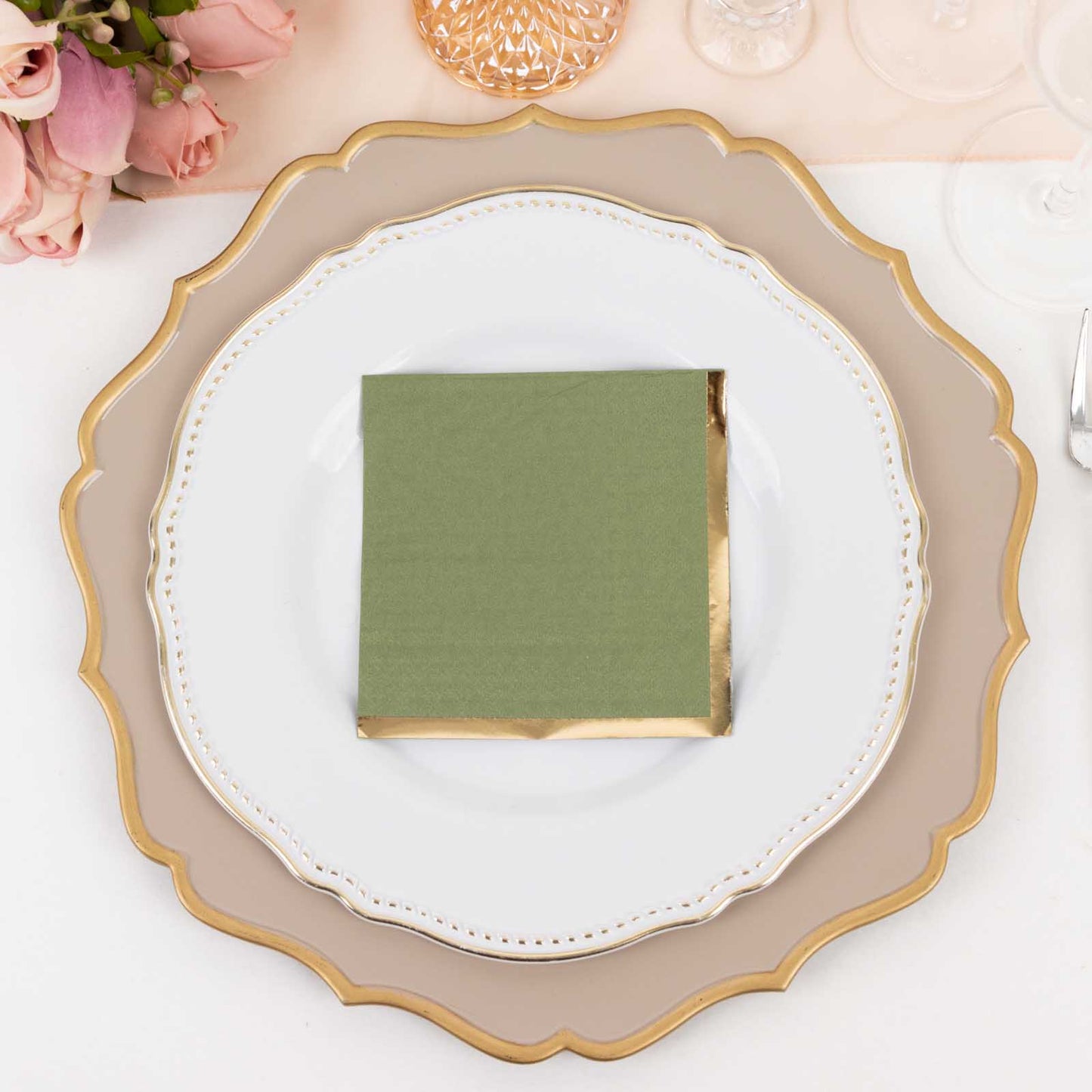 50 Pack Olive Green Disposable Cocktail Napkins with Gold Foil Edge, Soft 2 Ply Paper Beverage Napkins - 5"x5"