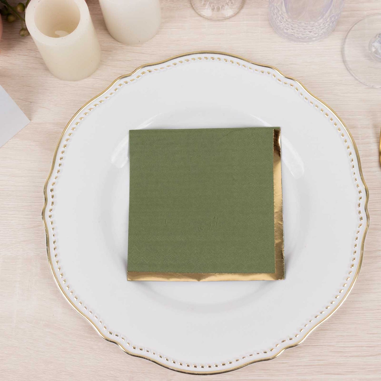 50 Pack Olive Green Disposable Cocktail Napkins with Gold Foil Edge, Soft 2 Ply Paper Beverage Napkins - 5"x5"