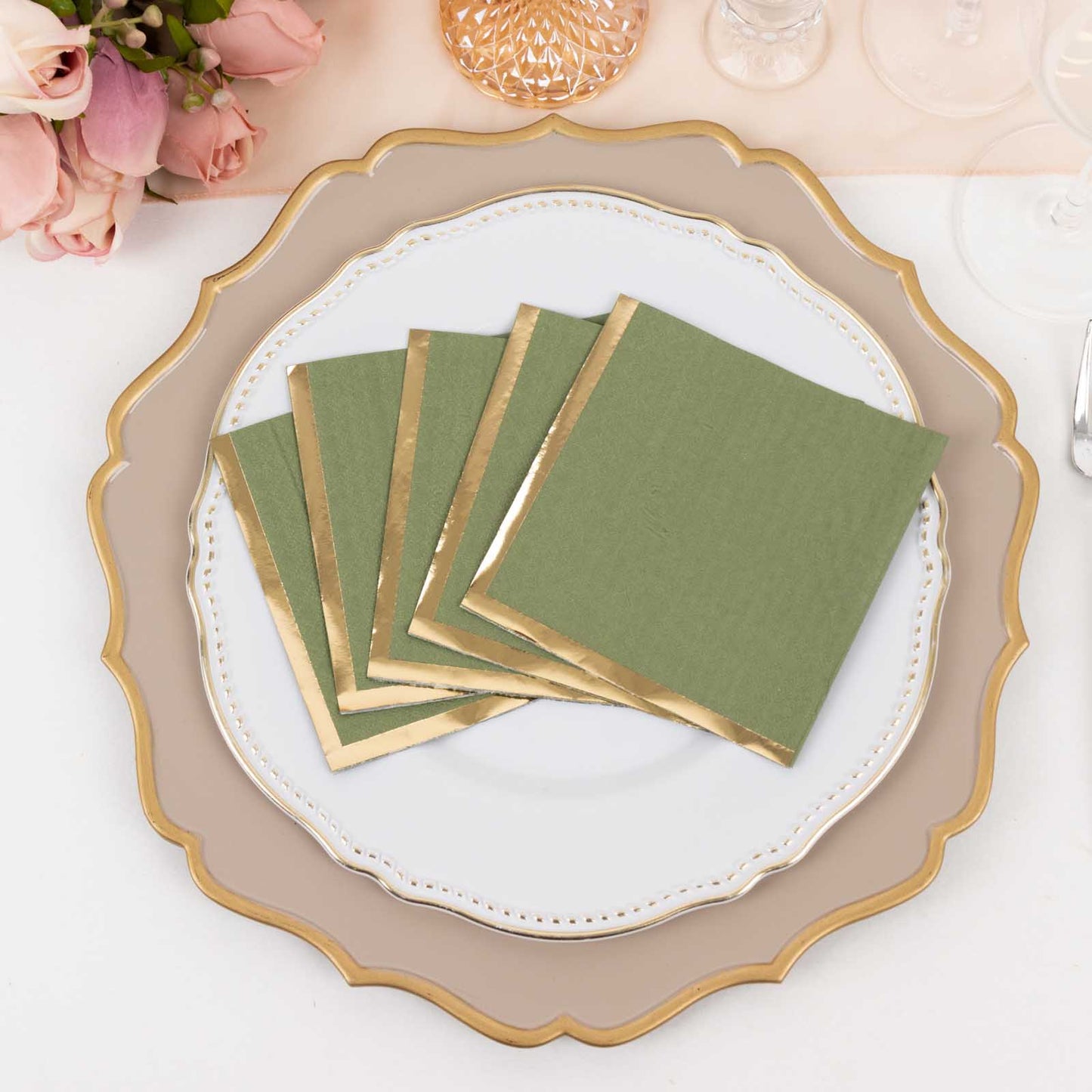 50 Pack Olive Green Disposable Cocktail Napkins with Gold Foil Edge, Soft 2 Ply Paper Beverage Napkins - 5"x5"