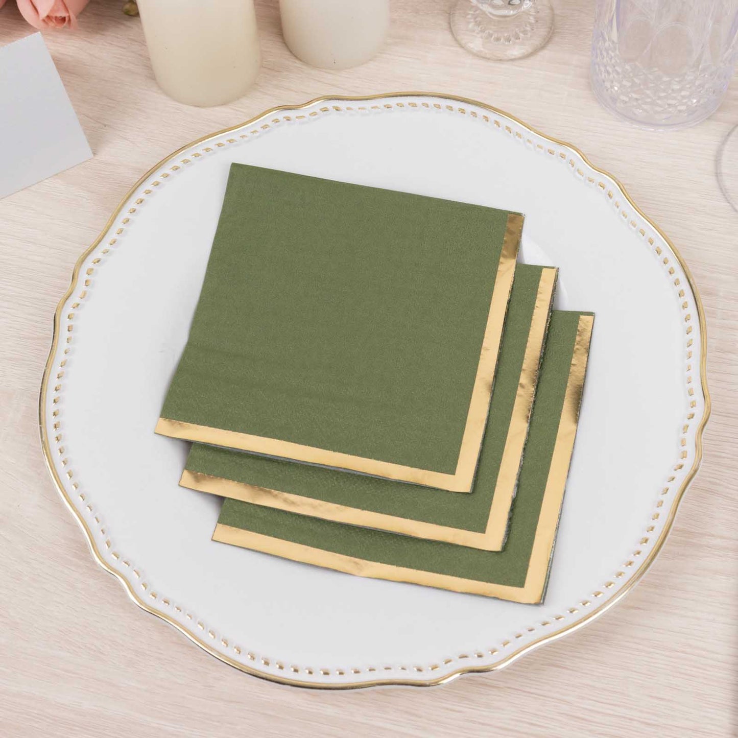 50 Pack Olive Green Disposable Cocktail Napkins with Gold Foil Edge, Soft 2 Ply Paper Beverage Napkins - 5"x5"