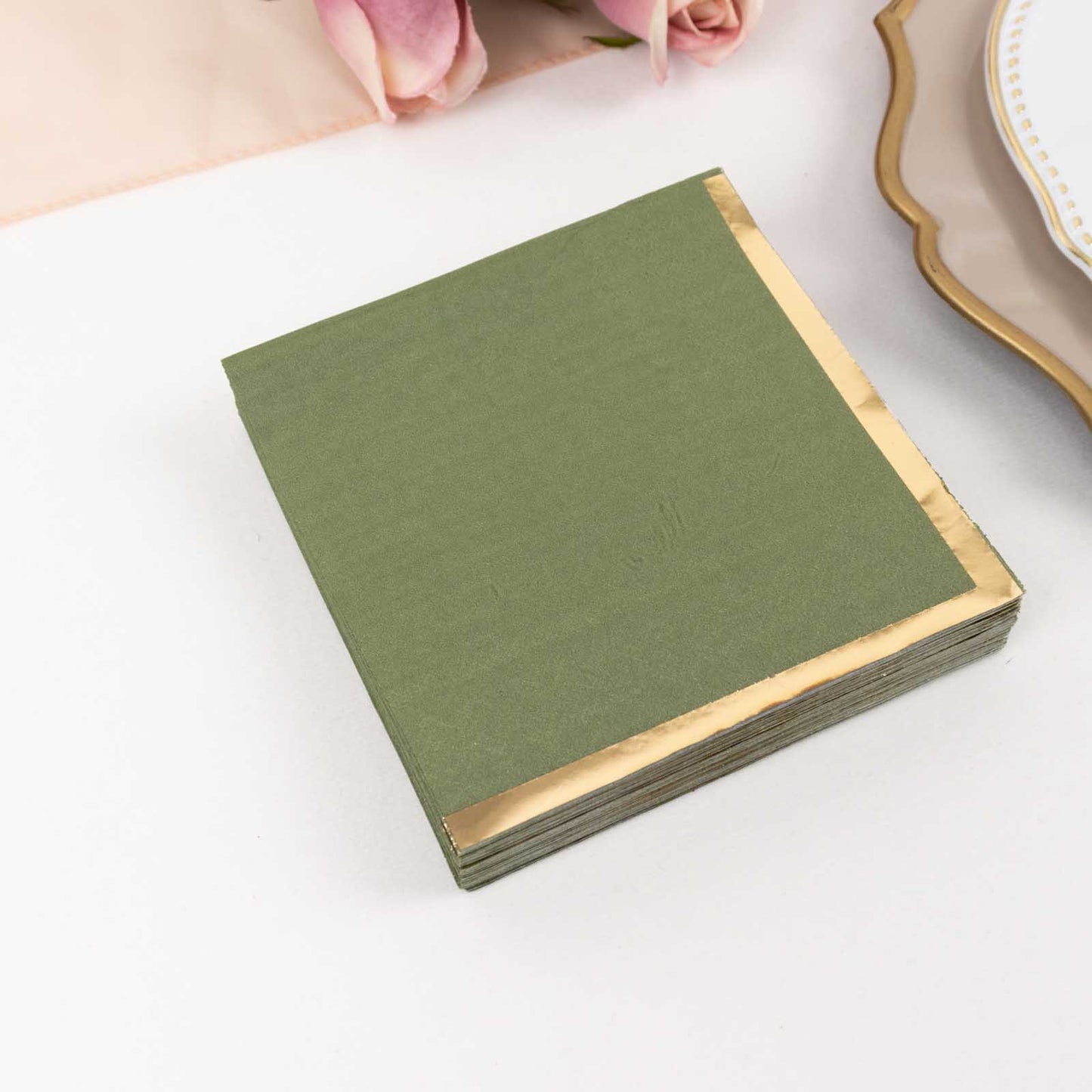 50 Pack Olive Green Disposable Cocktail Napkins with Gold Foil Edge, Soft 2 Ply Paper Beverage Napkins - 5"x5"