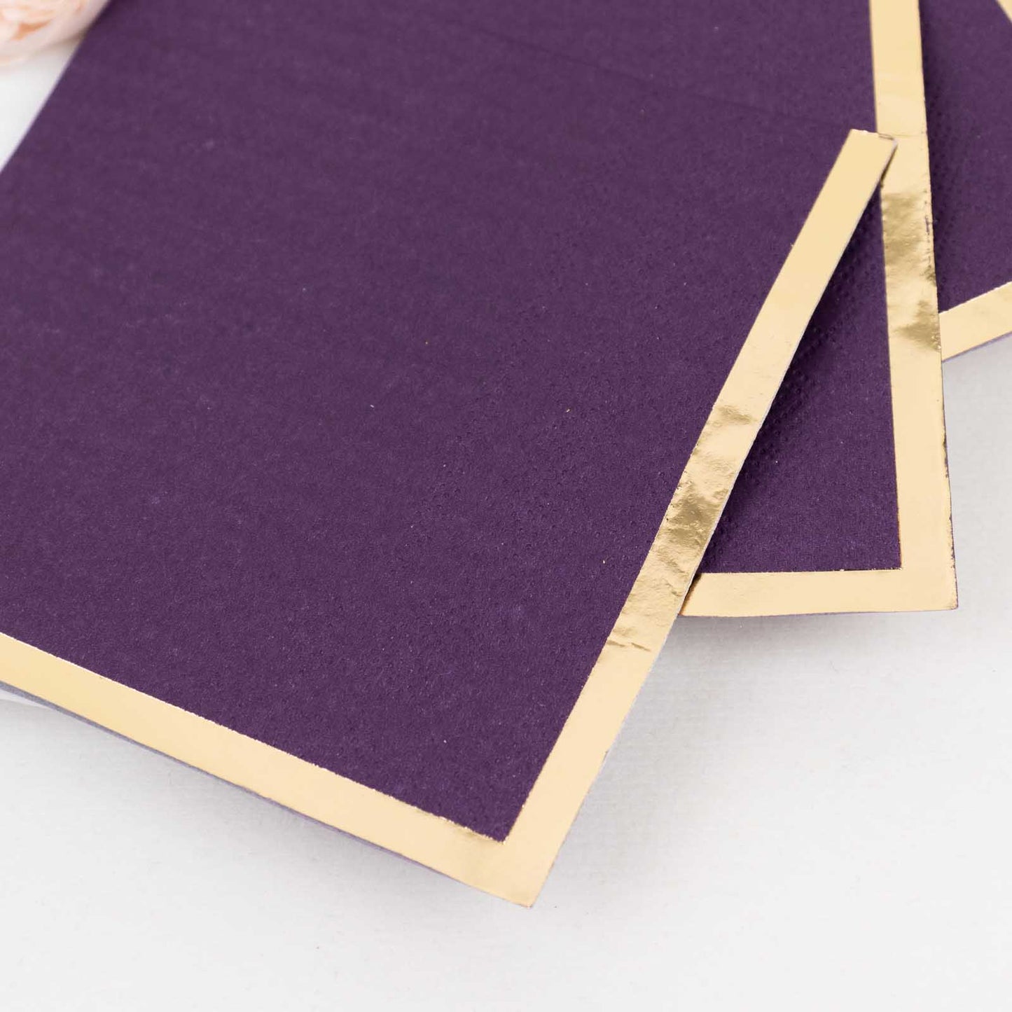 50 Pack Purple Disposable Cocktail Napkins with Gold Foil Edge, Soft 2 Ply Paper Beverage Napkins - 5"x5"