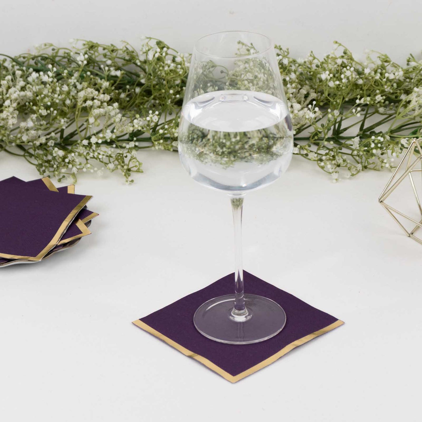 50 Pack Purple Disposable Cocktail Napkins with Gold Foil Edge, Soft 2 Ply Paper Beverage Napkins - 5"x5"