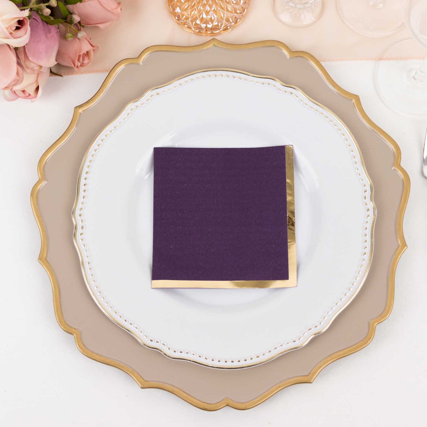 50 Pack Purple Disposable Cocktail Napkins with Gold Foil Edge, Soft 2 Ply Paper Beverage Napkins - 5"x5"