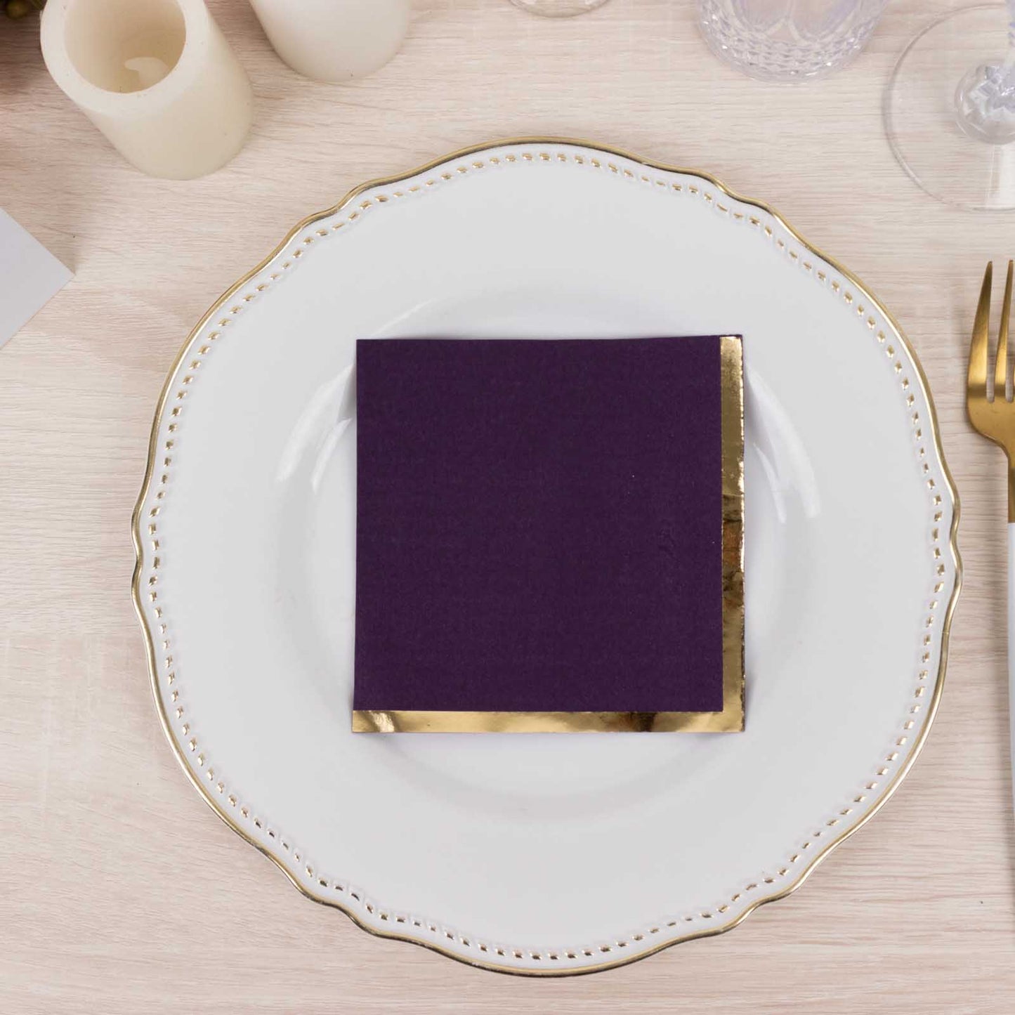 50 Pack Purple Disposable Cocktail Napkins with Gold Foil Edge, Soft 2 Ply Paper Beverage Napkins - 5"x5"