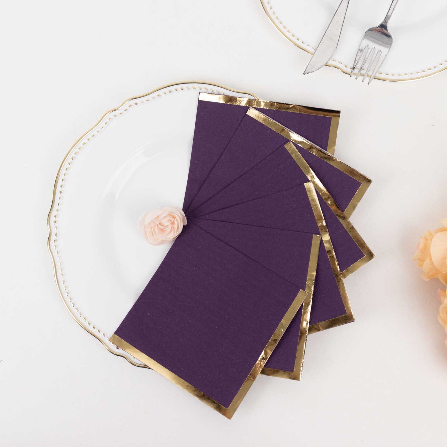 50 Pack Purple Disposable Cocktail Napkins with Gold Foil Edge, Soft 2 Ply Paper Beverage Napkins - 5"x5"