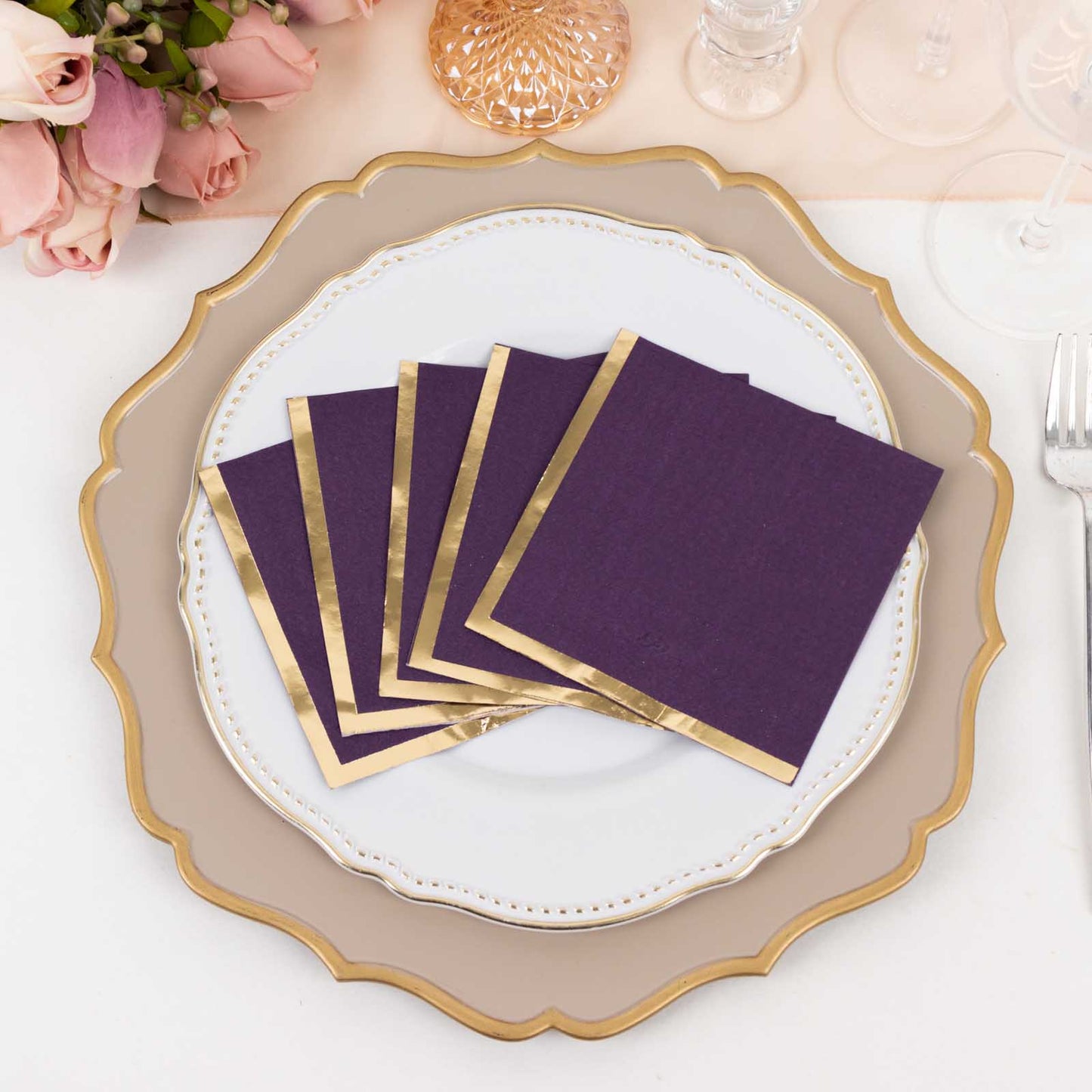 50 Pack Purple Disposable Cocktail Napkins with Gold Foil Edge, Soft 2 Ply Paper Beverage Napkins - 5"x5"