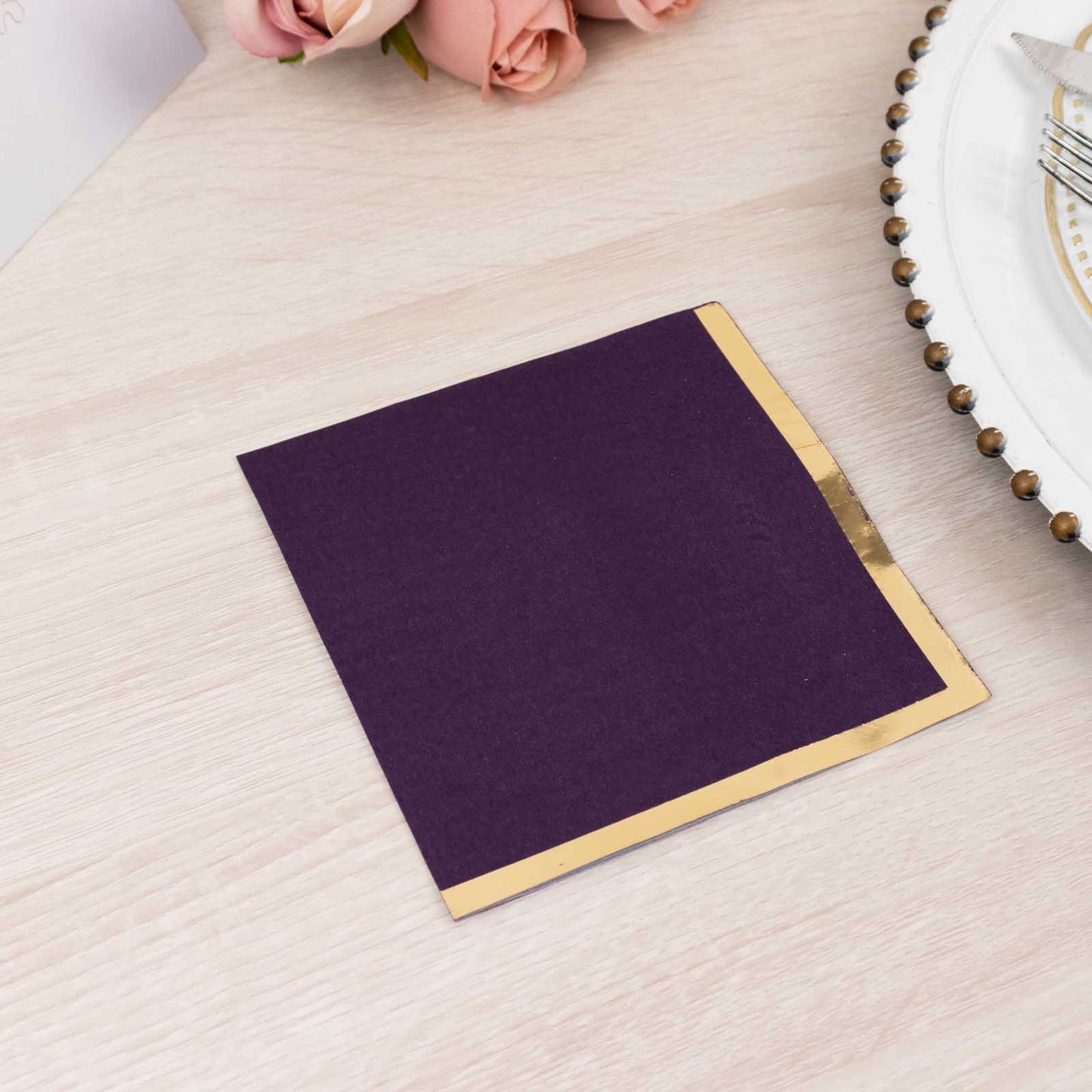 50 Pack Purple Disposable Cocktail Napkins with Gold Foil Edge, Soft 2 Ply Paper Beverage Napkins - 5"x5"