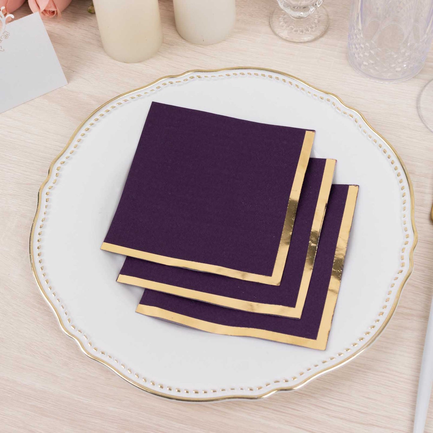 50 Pack Purple Disposable Cocktail Napkins with Gold Foil Edge, Soft 2 Ply Paper Beverage Napkins - 5"x5"