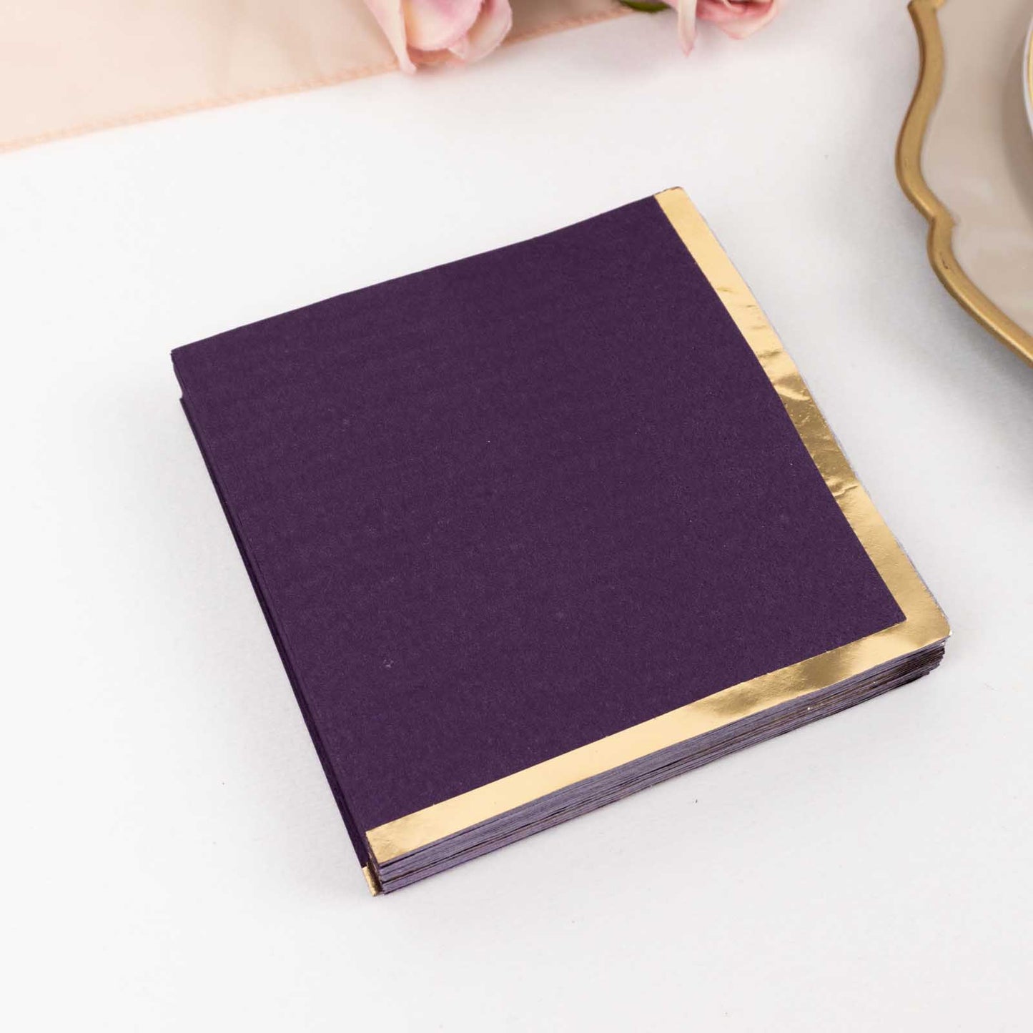 50 Pack Purple Disposable Cocktail Napkins with Gold Foil Edge, Soft 2 Ply Paper Beverage Napkins - 5"x5"