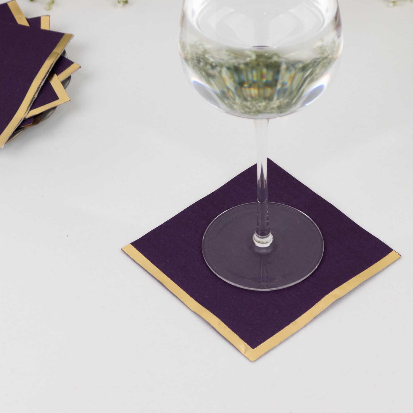 50 Pack Purple Disposable Cocktail Napkins with Gold Foil Edge, Soft 2 Ply Paper Beverage Napkins - 5"x5"