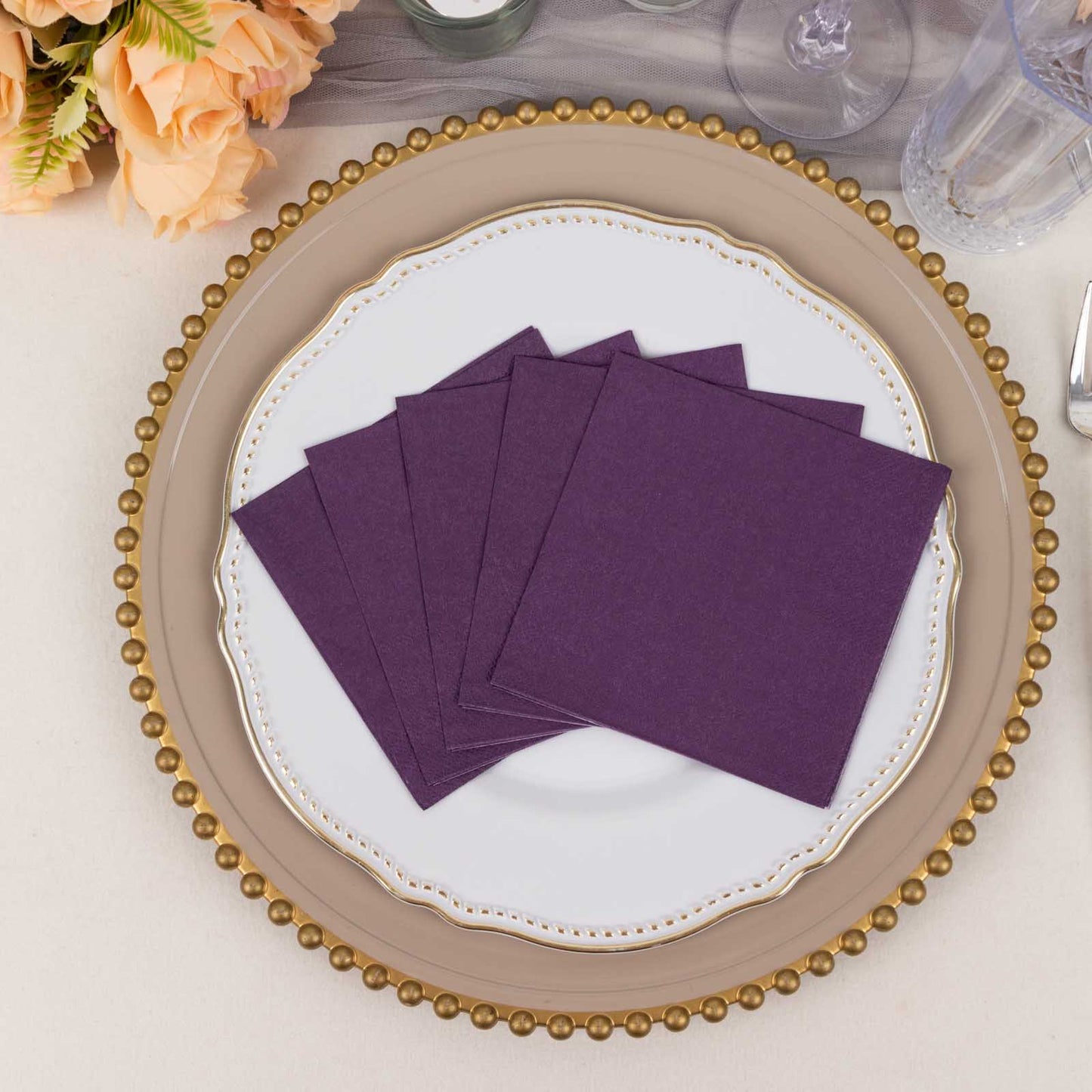 50 Pack Purple Soft 2-Ply Disposable Cocktail Napkins, Paper Beverage Napkins 18 GSM - 5"x5"