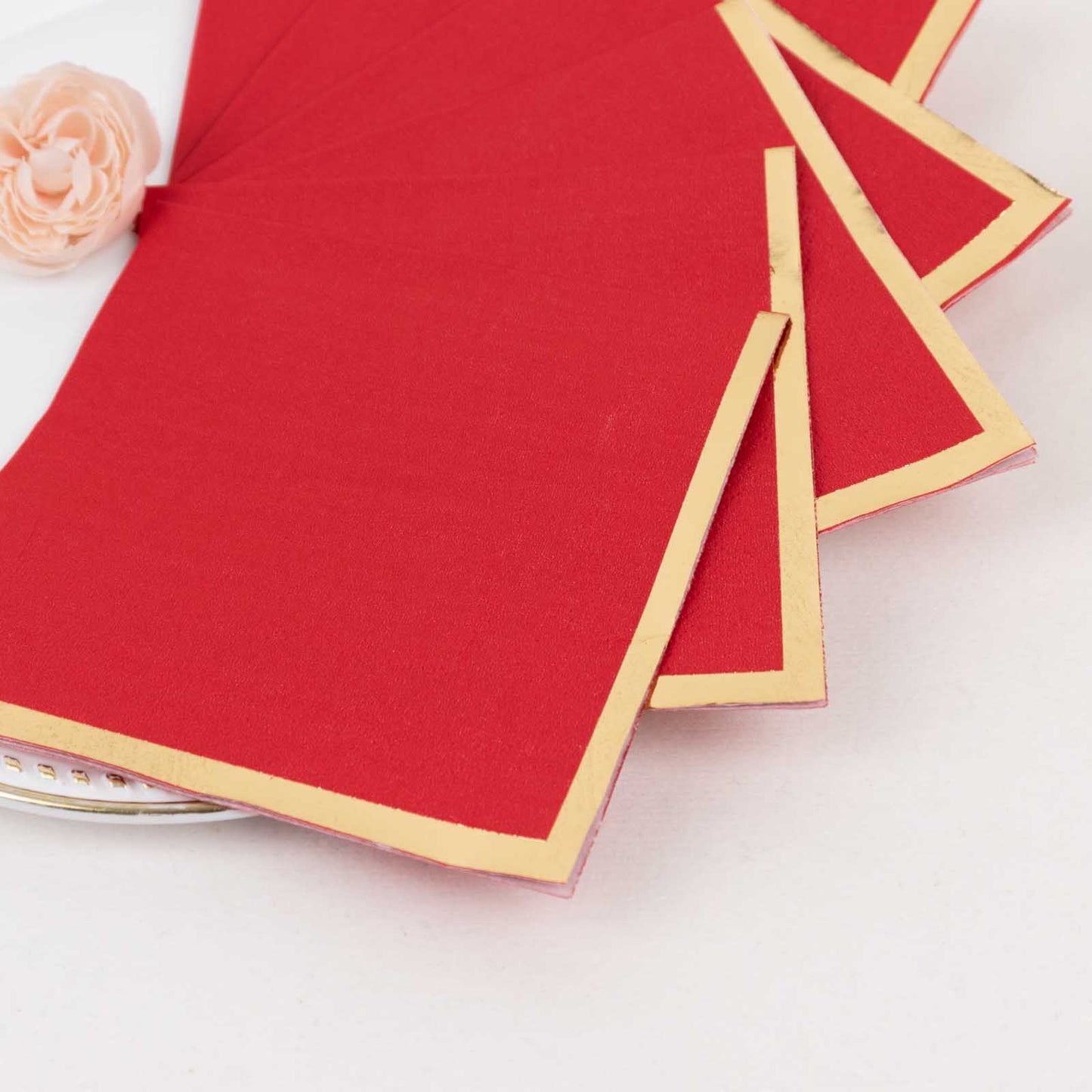 50 Pack Red Disposable Cocktail Napkins with Gold Foil Edge, Soft 2 Ply Paper Beverage Napkins - 5"x5"