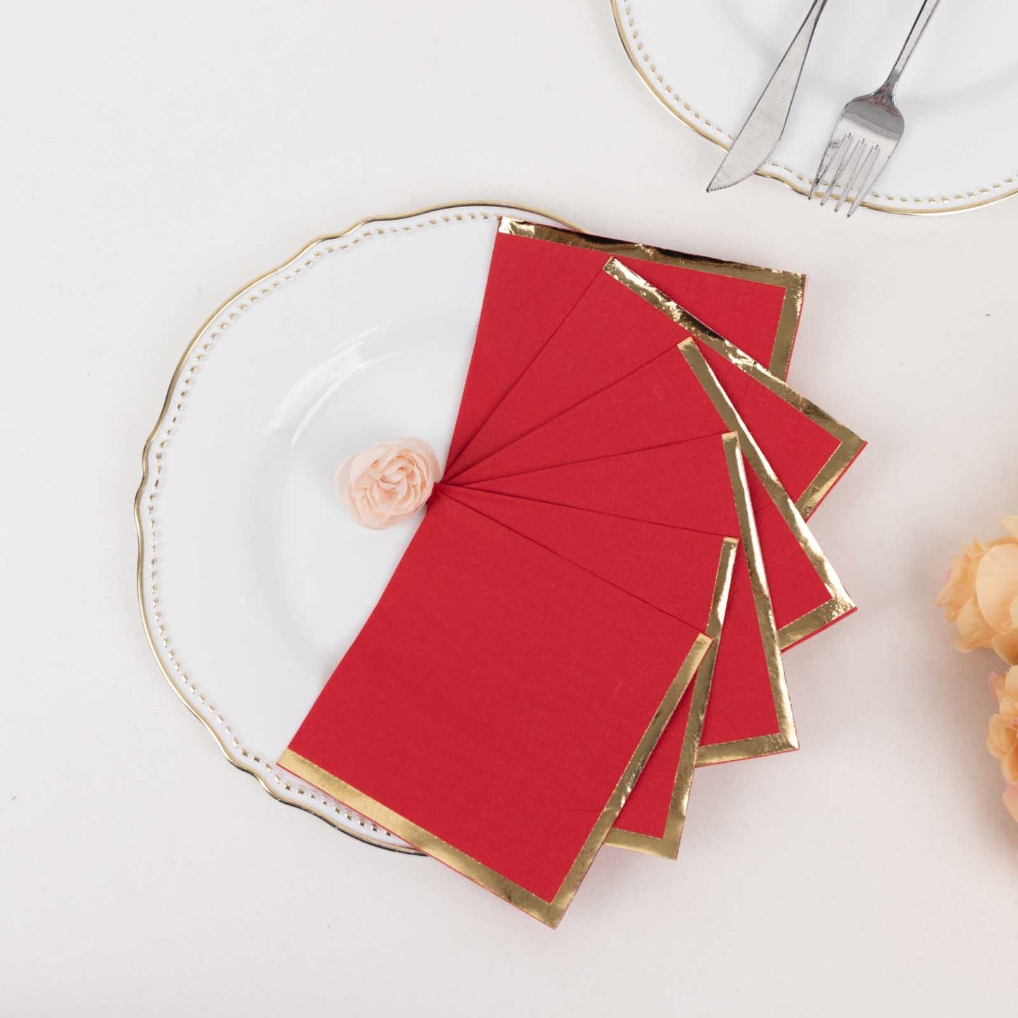 50 Pack Red Disposable Cocktail Napkins with Gold Foil Edge, Soft 2 Ply Paper Beverage Napkins - 5"x5"