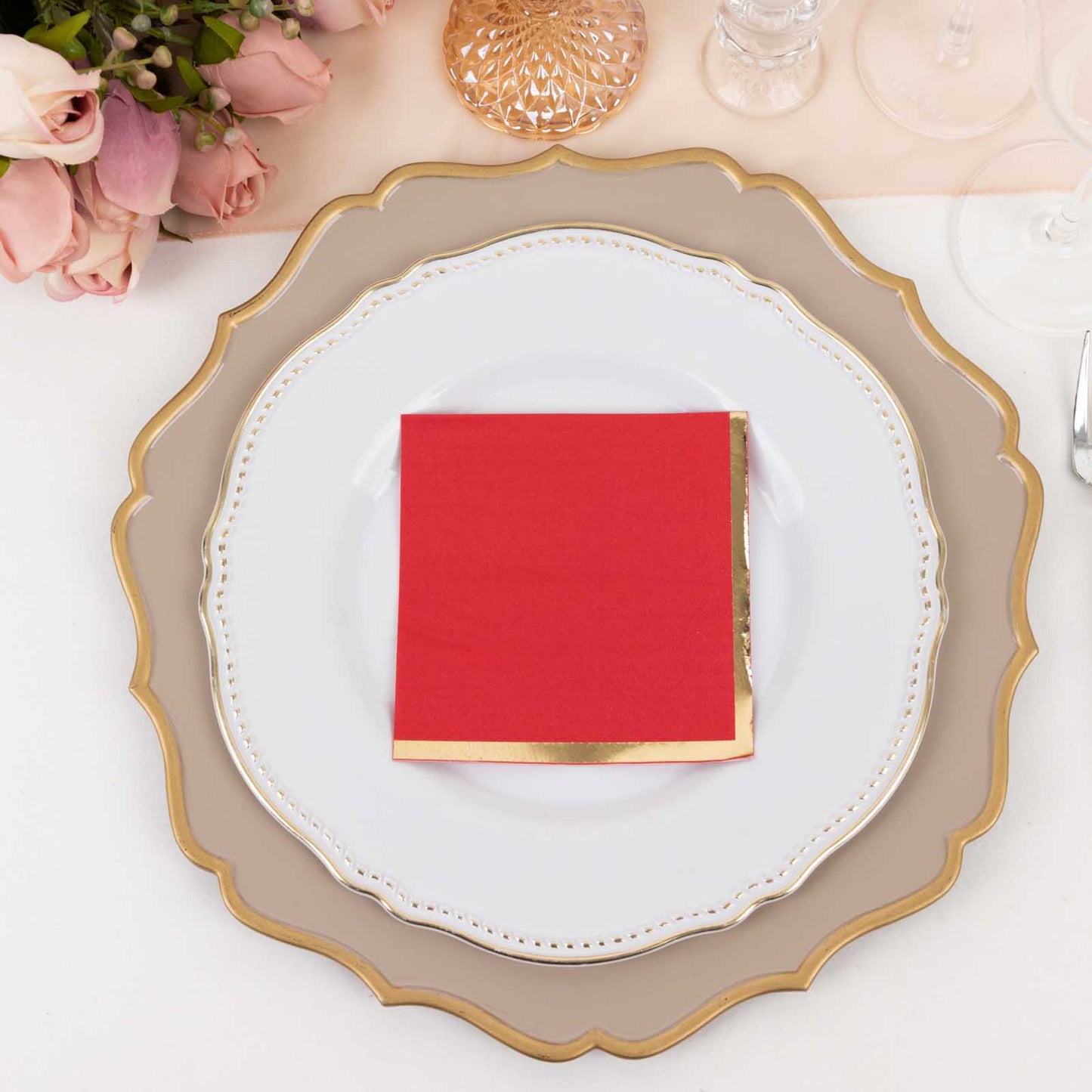 50 Pack Red Disposable Cocktail Napkins with Gold Foil Edge, Soft 2 Ply Paper Beverage Napkins - 5"x5"