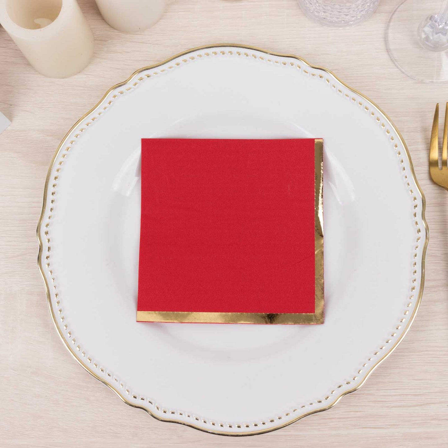 50 Pack Red Disposable Cocktail Napkins with Gold Foil Edge, Soft 2 Ply Paper Beverage Napkins - 5"x5"