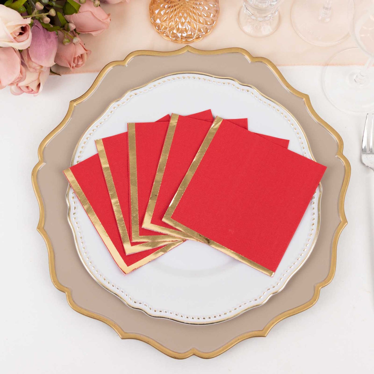 50 Pack Red Disposable Cocktail Napkins with Gold Foil Edge, Soft 2 Ply Paper Beverage Napkins - 5"x5"