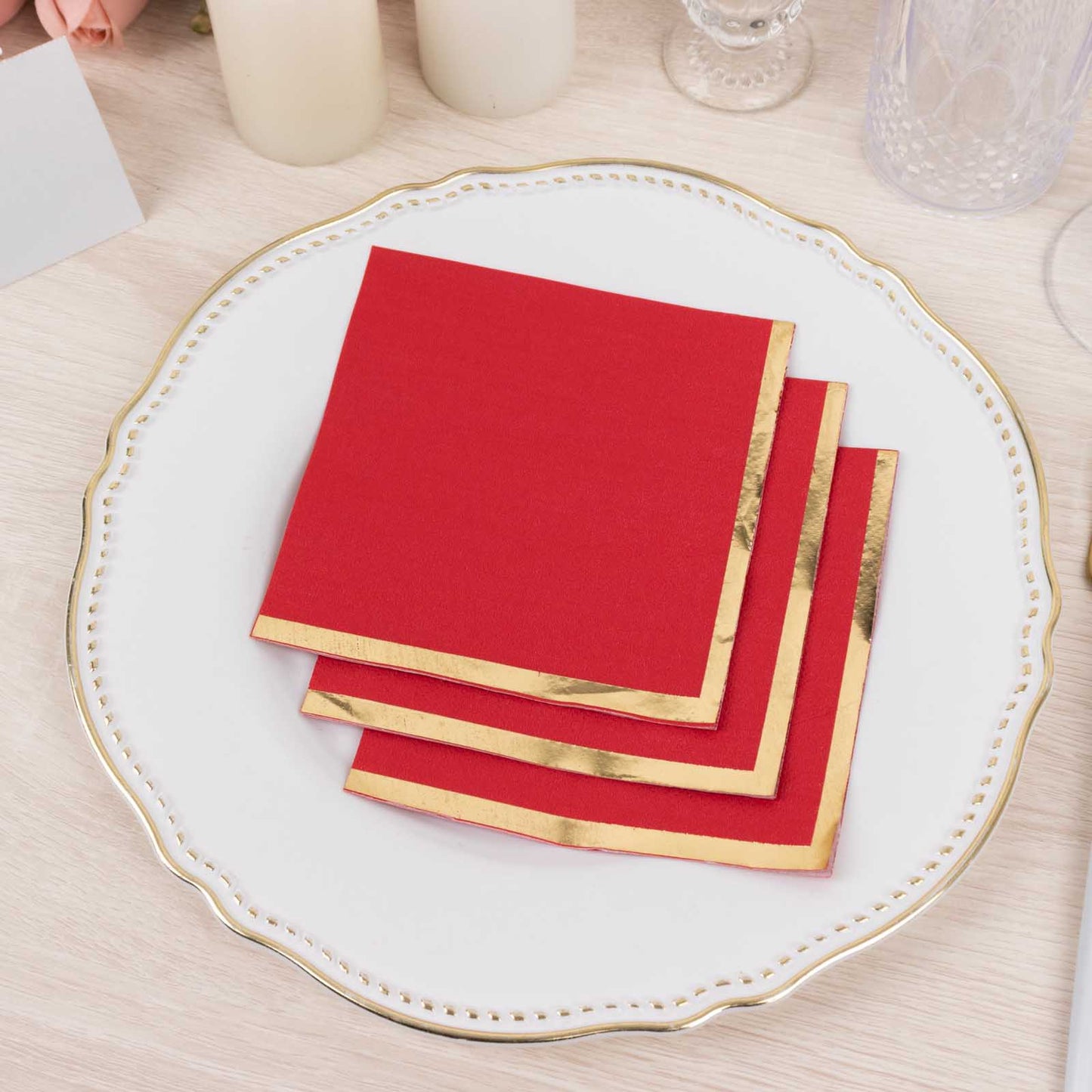 50 Pack Red Disposable Cocktail Napkins with Gold Foil Edge, Soft 2 Ply Paper Beverage Napkins - 5"x5"